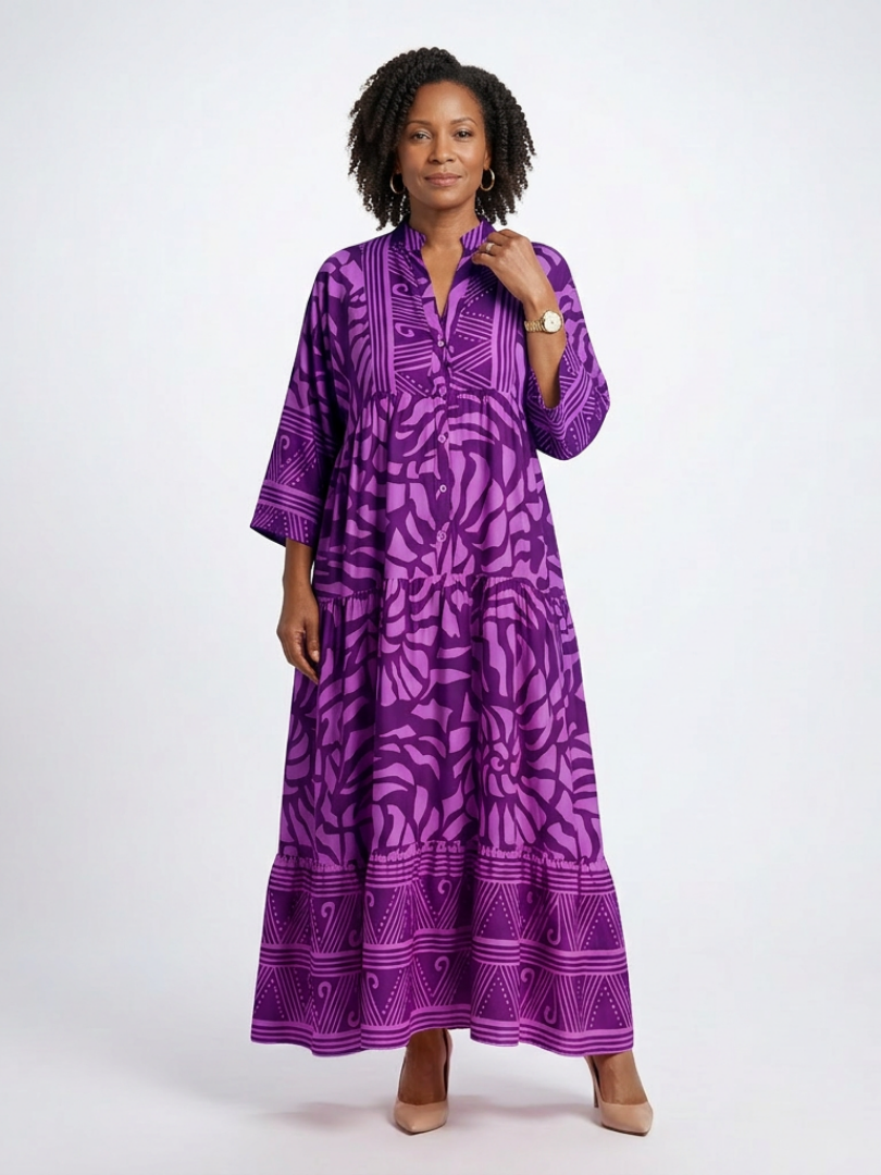 Colourful Tiered Summer Dress with Three Quarter Sleeves
