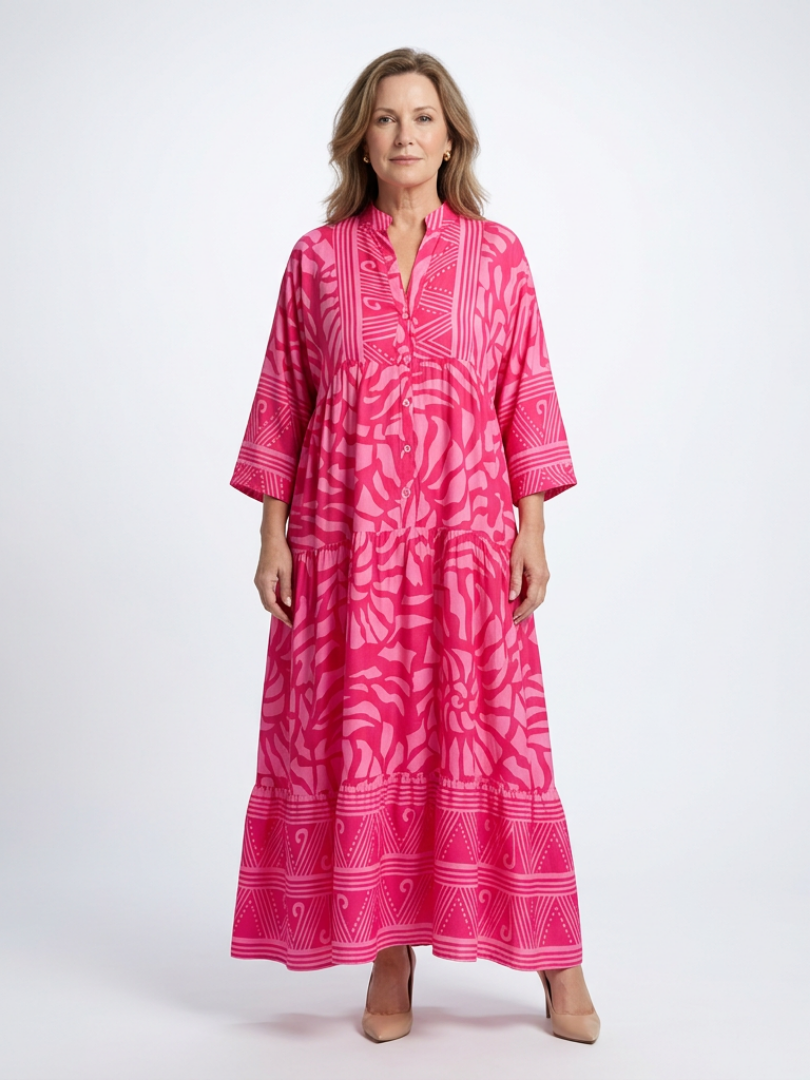 Colourful Tiered Summer Dress with Three Quarter Sleeves