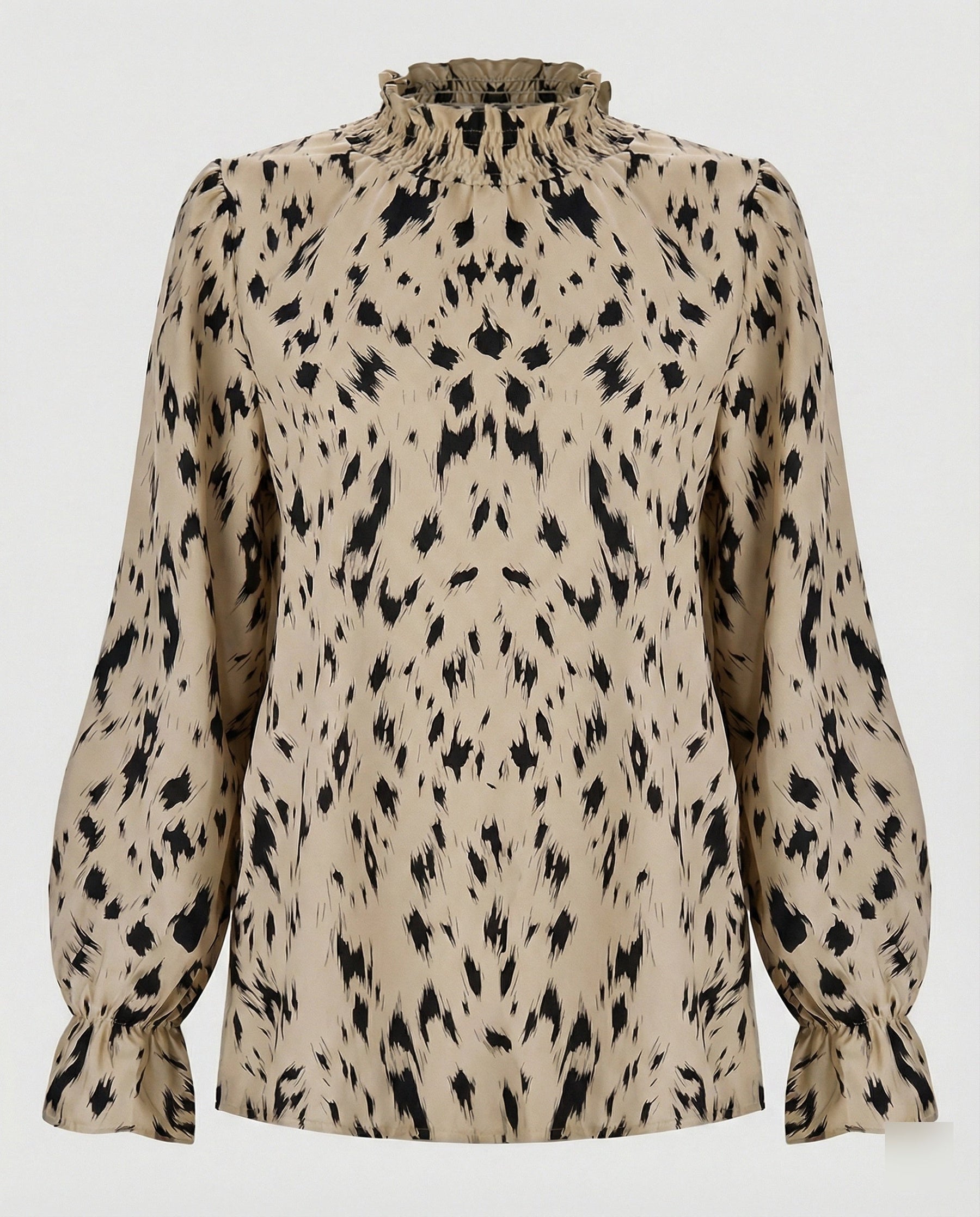 Relaxed Animal Print Blouse with Ruffle Neck and Puff Sleeves