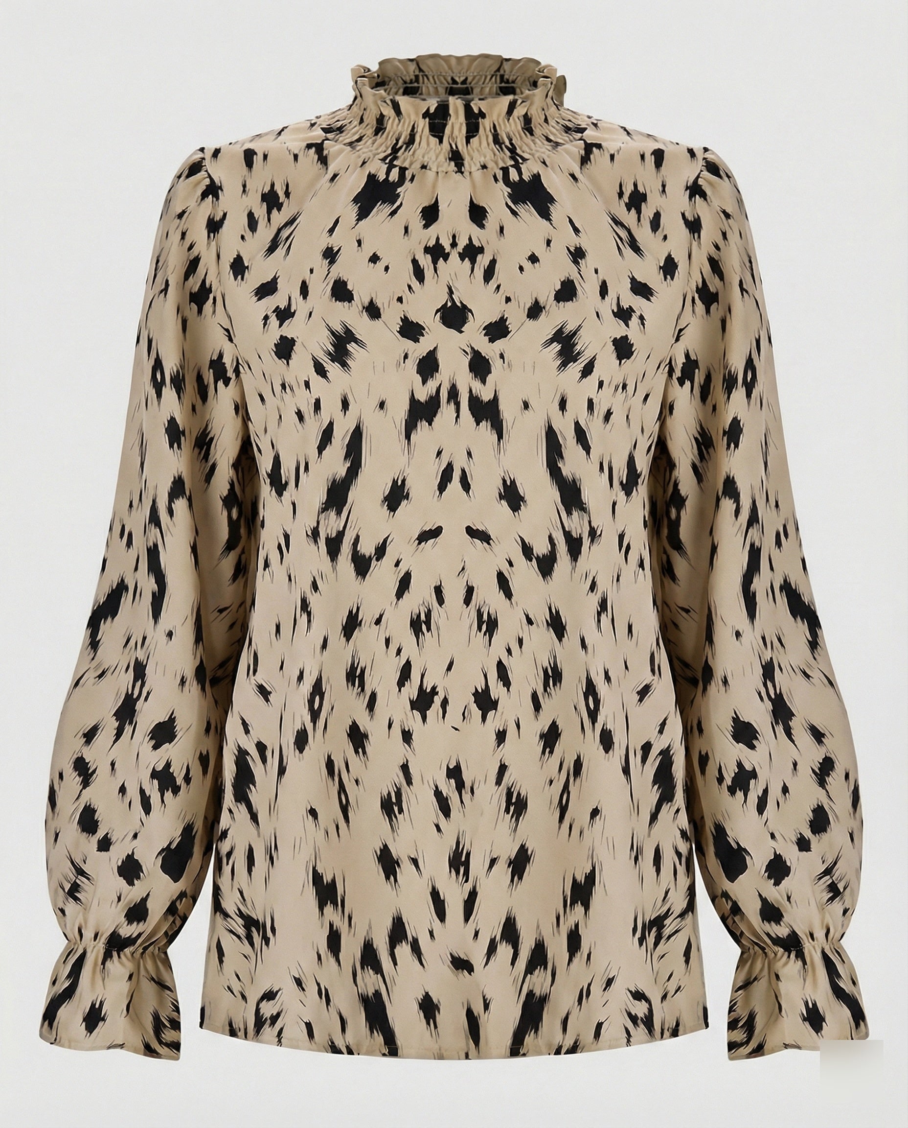 Relaxed Animal Print Blouse with Ruffle Neck and Puff Sleeves