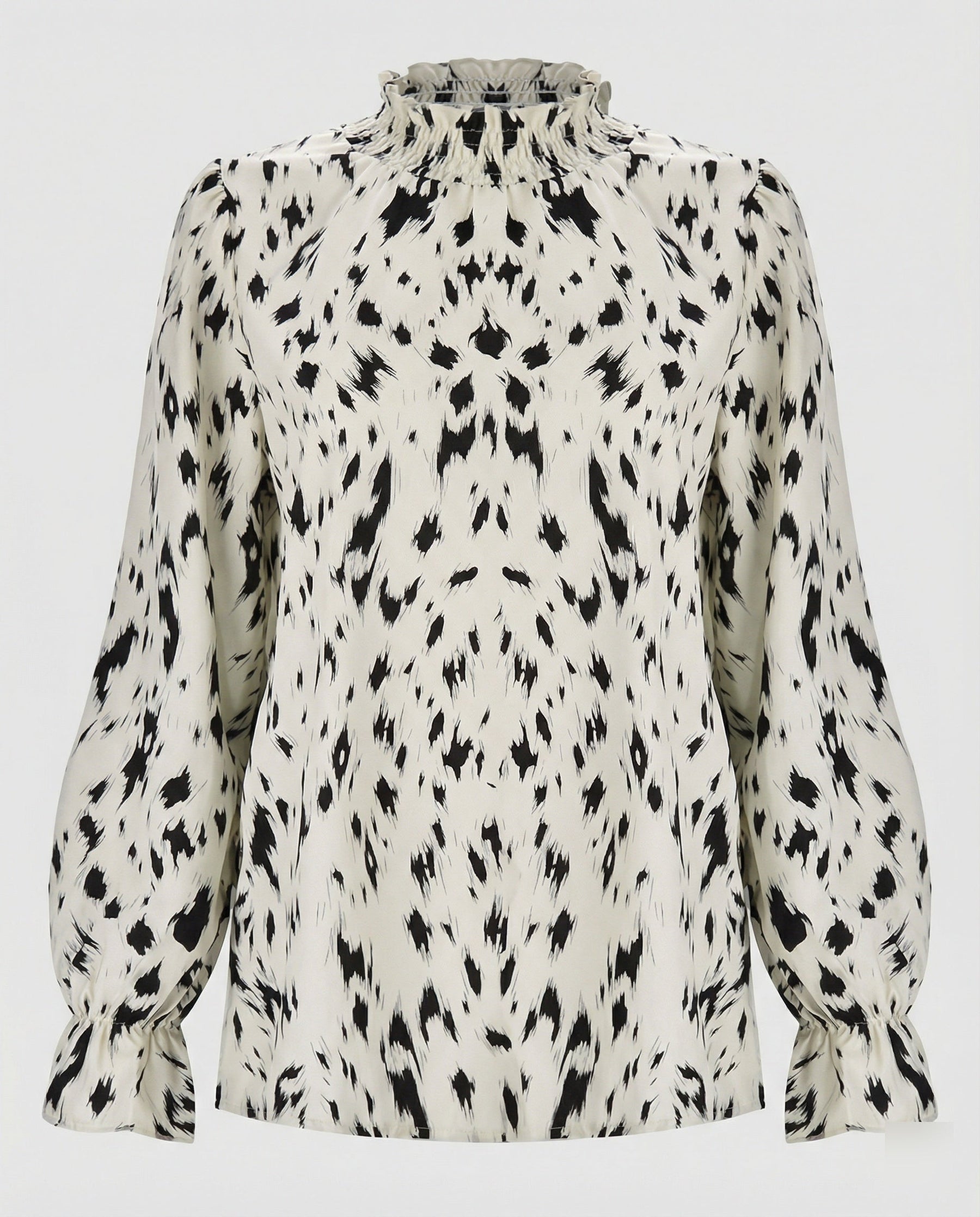 Relaxed Animal Print Blouse with Ruffle Neck and Puff Sleeves