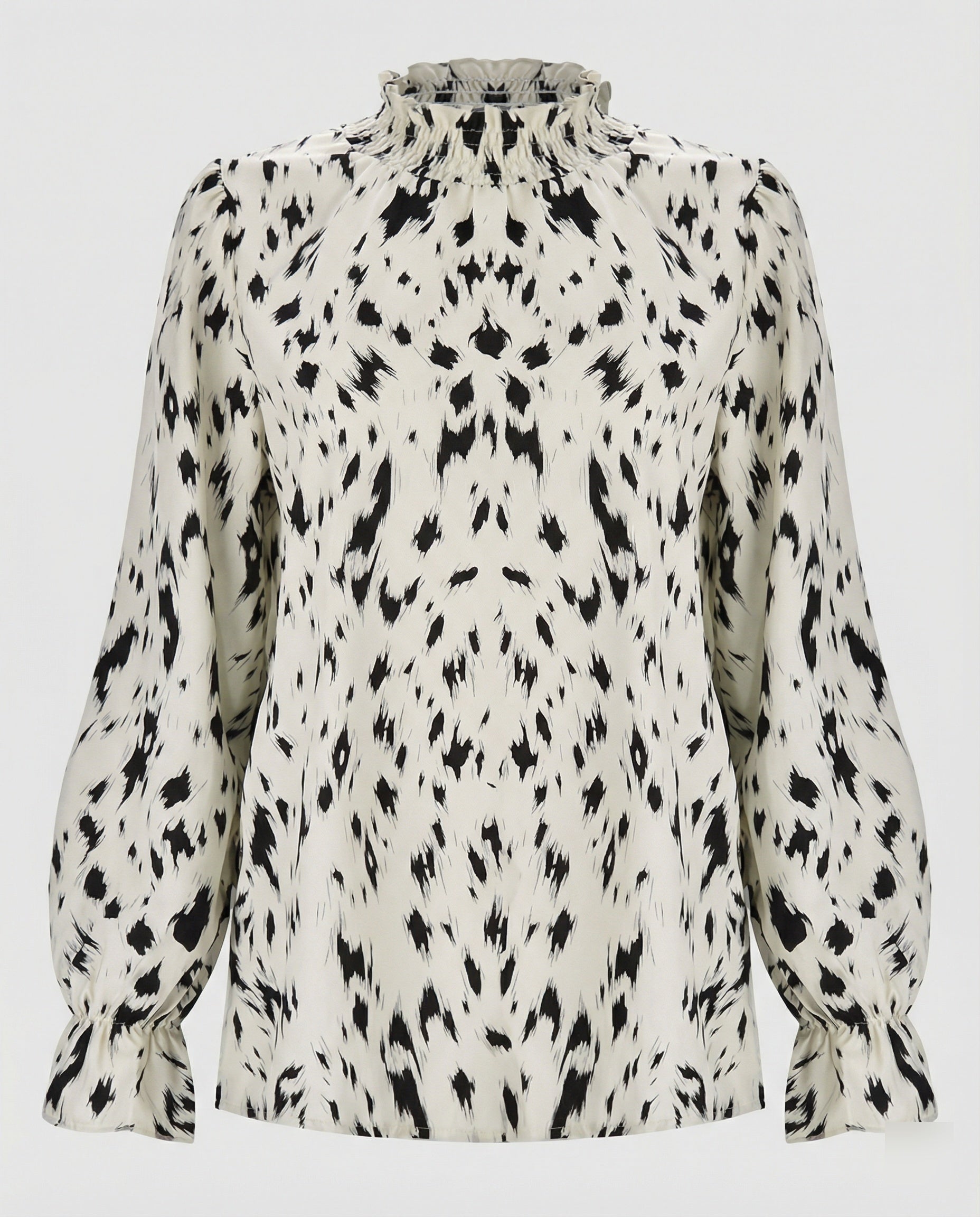 Relaxed Animal Print Blouse with Ruffle Neck and Puff Sleeves