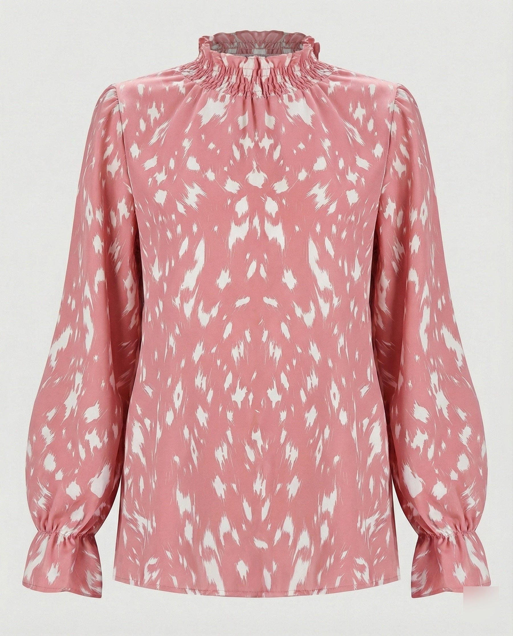 Relaxed Animal Print Blouse with Ruffle Neck and Puff Sleeves