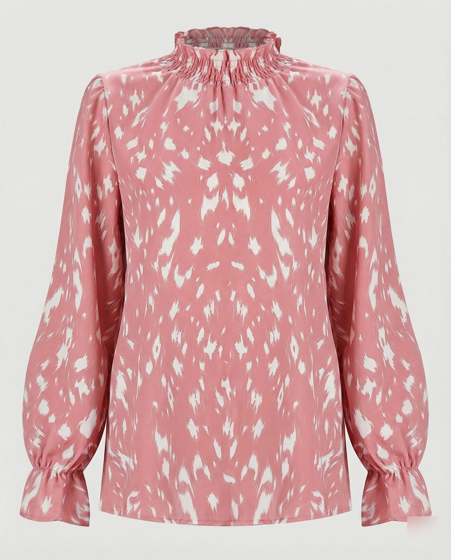 Relaxed Animal Print Blouse with Ruffle Neck and Puff Sleeves