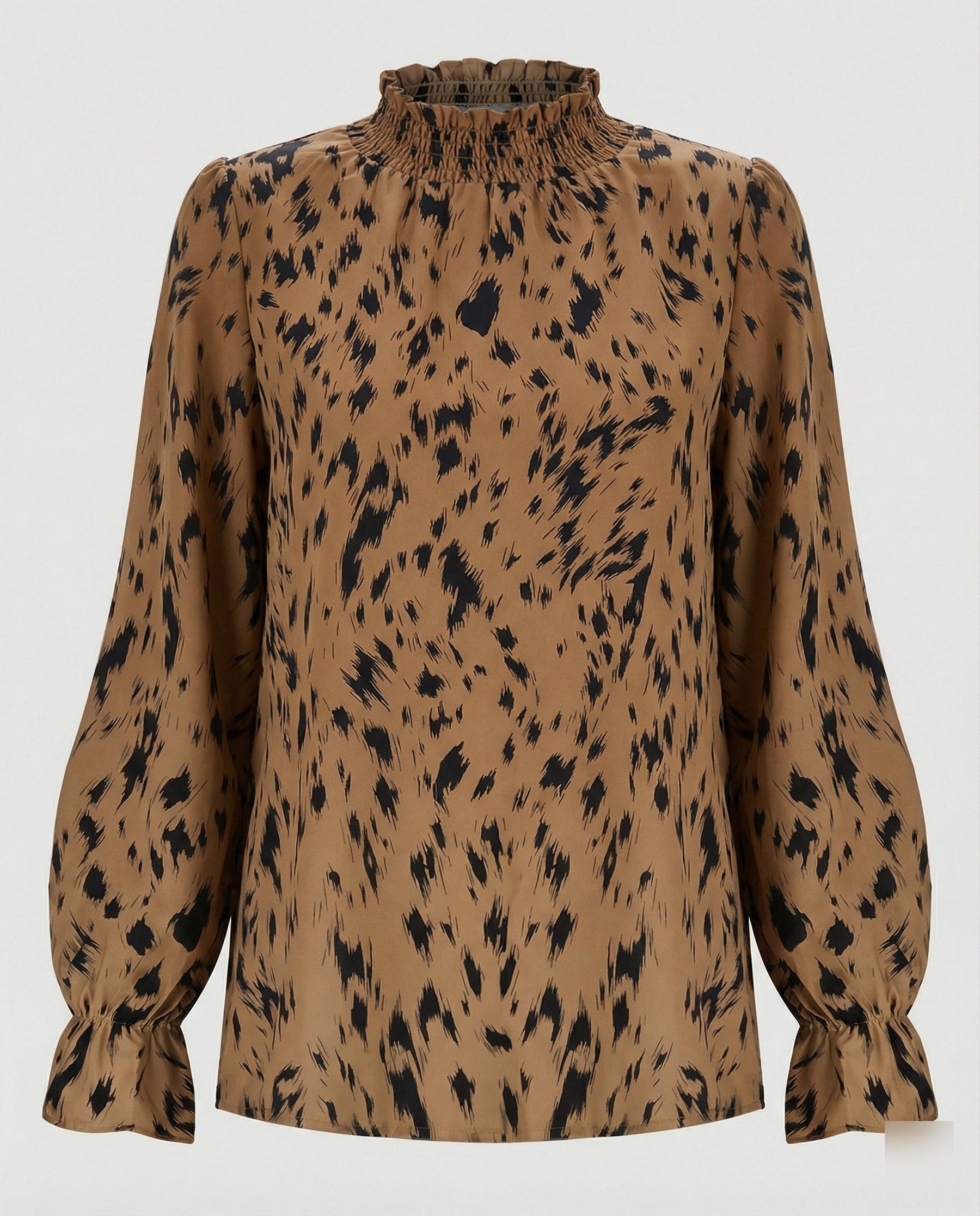 Relaxed Animal Print Blouse with Ruffle Neck and Puff Sleeves