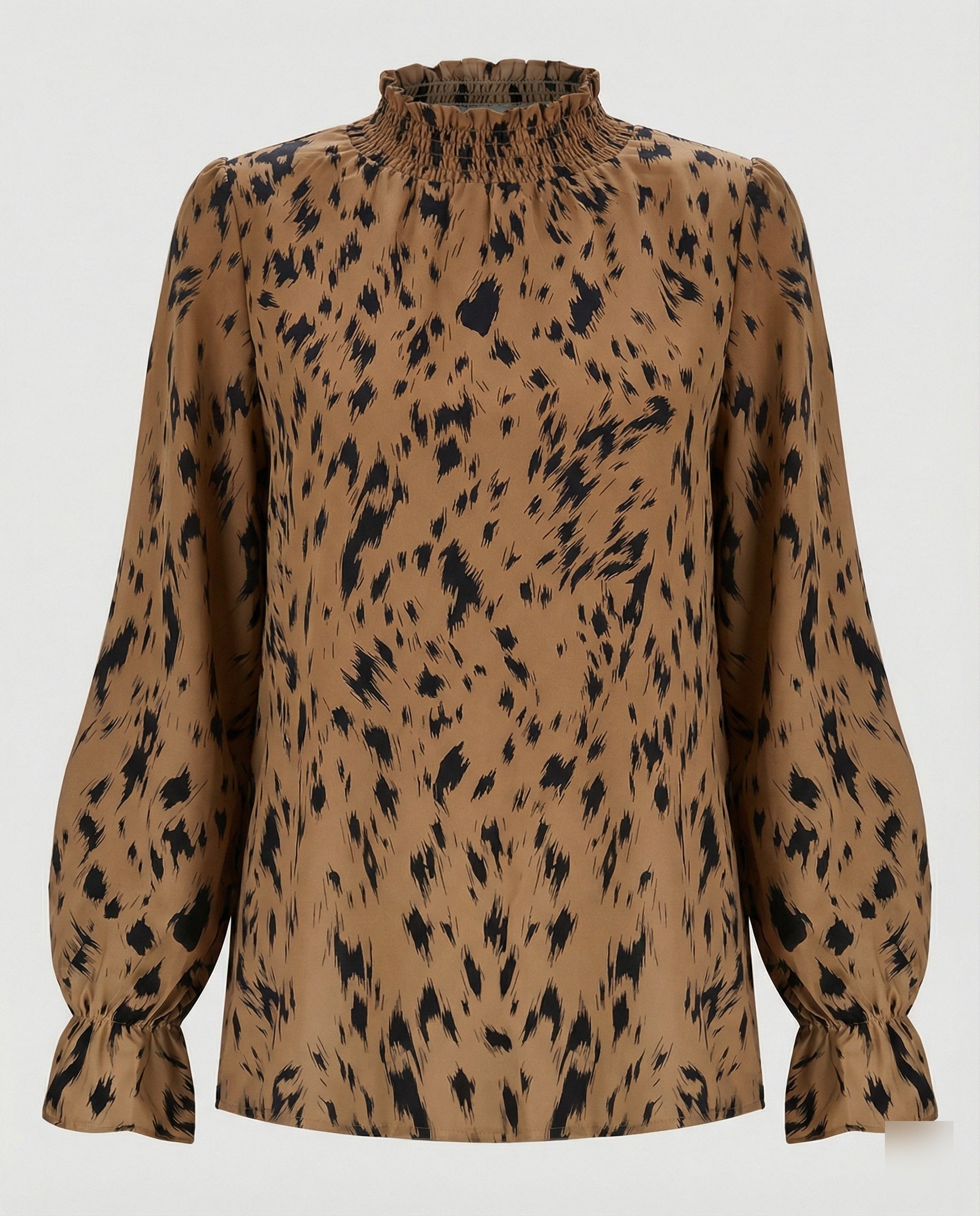 Relaxed Animal Print Blouse with Ruffle Neck and Puff Sleeves