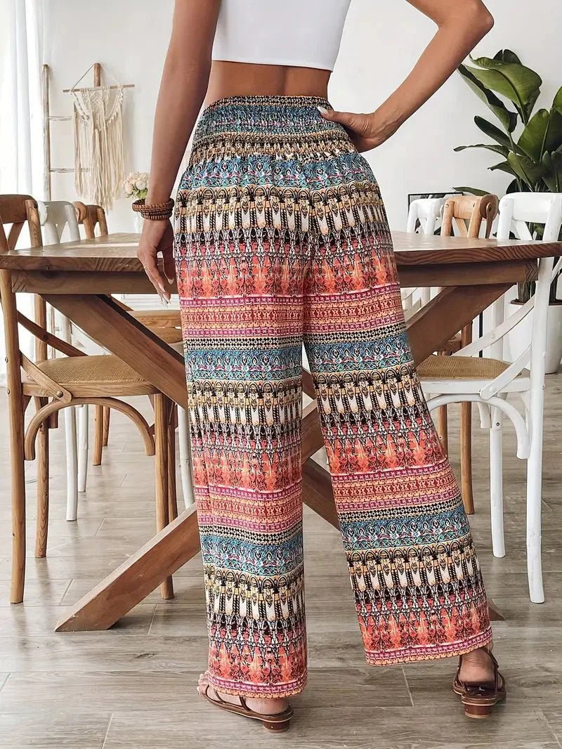 Relaxed Boho Print Palazzo Pants with Drawstring Waist and Wide Leg