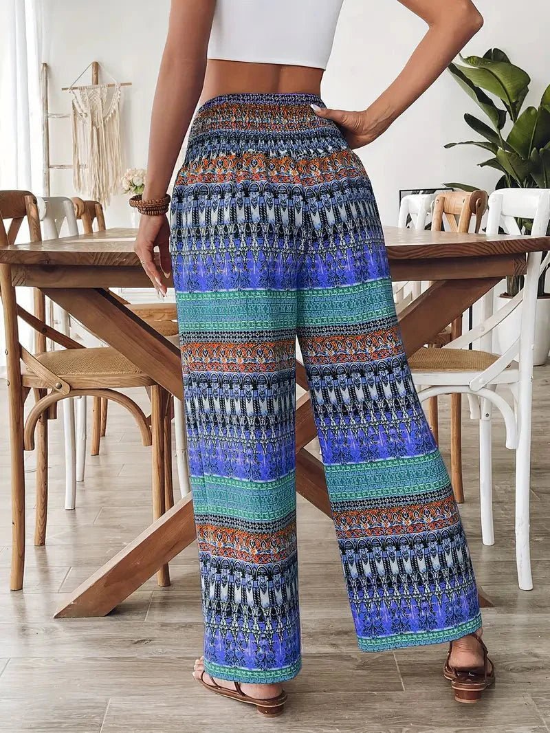 Relaxed Boho Print Palazzo Pants with Drawstring Waist and Wide Leg