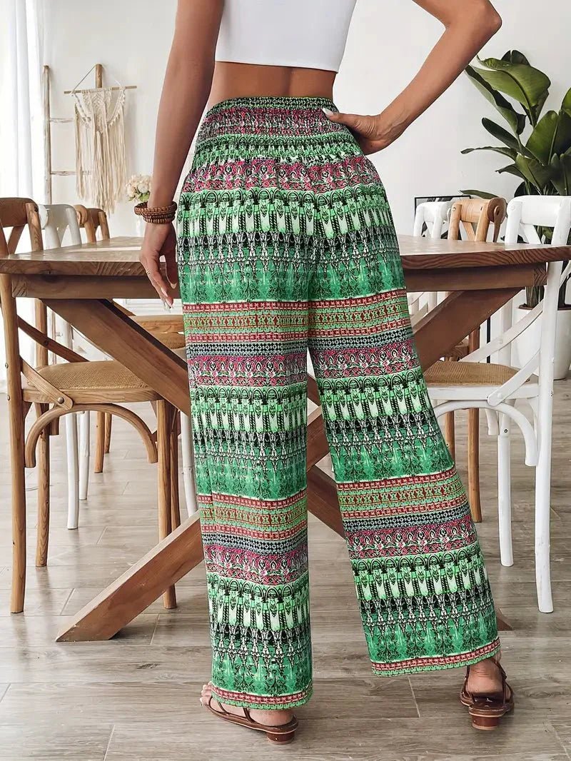 Relaxed Boho Print Palazzo Pants with Drawstring Waist and Wide Leg