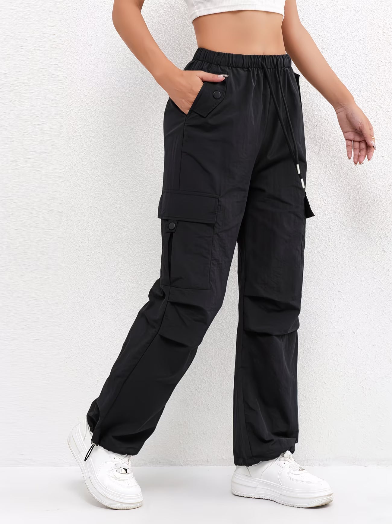 Relaxed Cargo Trousers with Elasticated Waist and Drawstring Hem