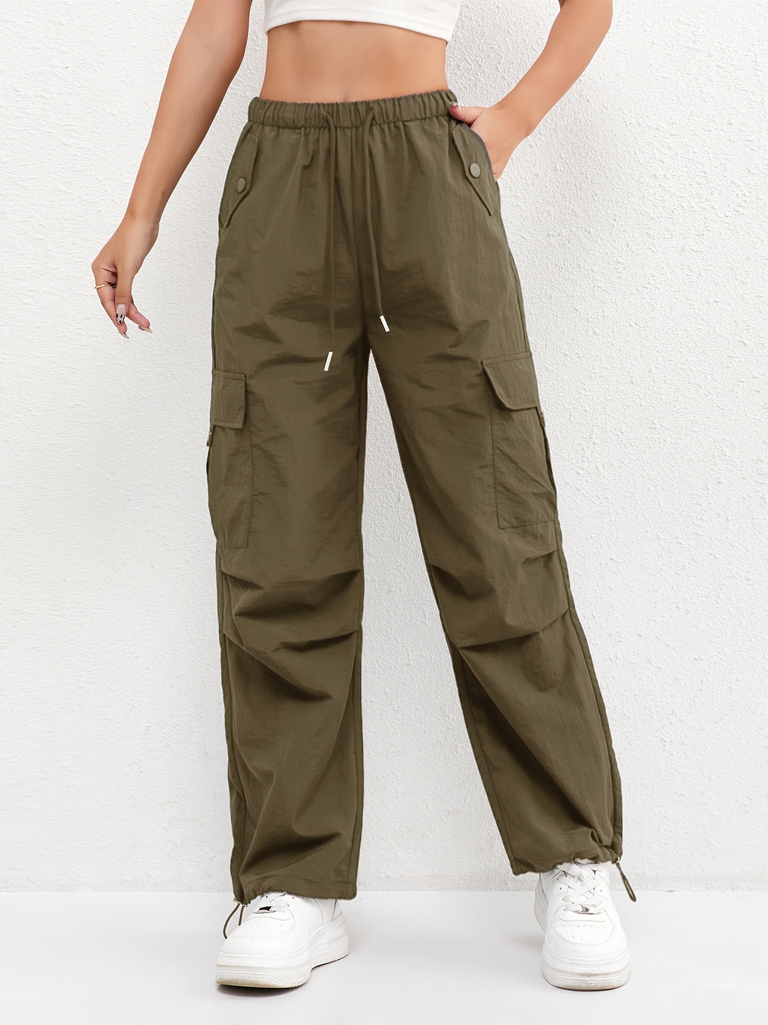 Relaxed Cargo Trousers with Elasticated Waist and Drawstring Hem
