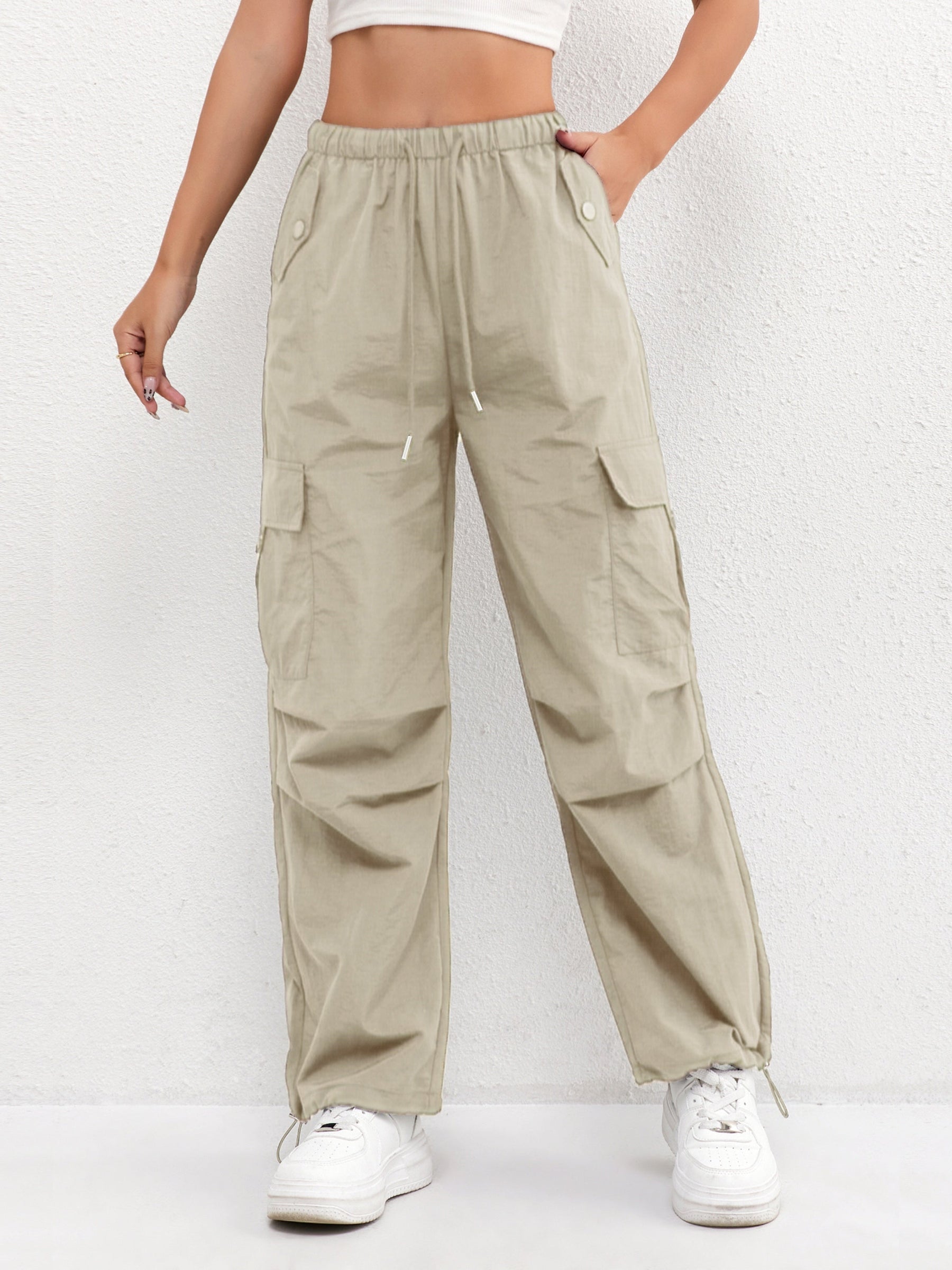 Relaxed Cargo Trousers with Elasticated Waist and Drawstring Hem