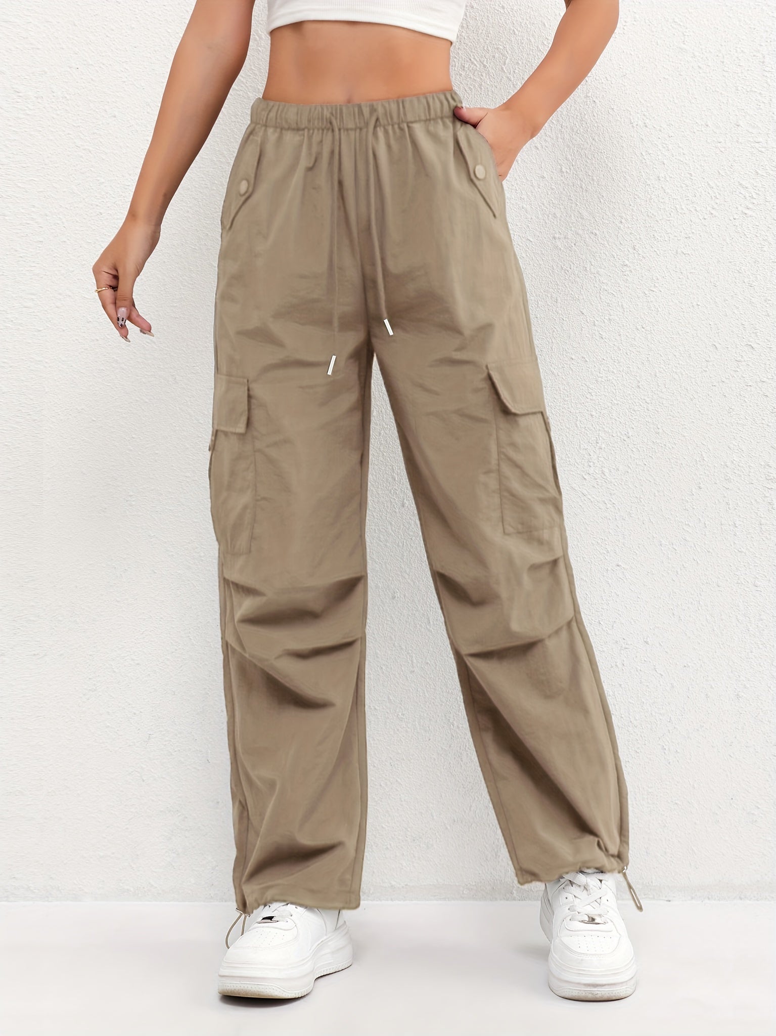 Relaxed Cargo Trousers with Elasticated Waist and Drawstring Hem