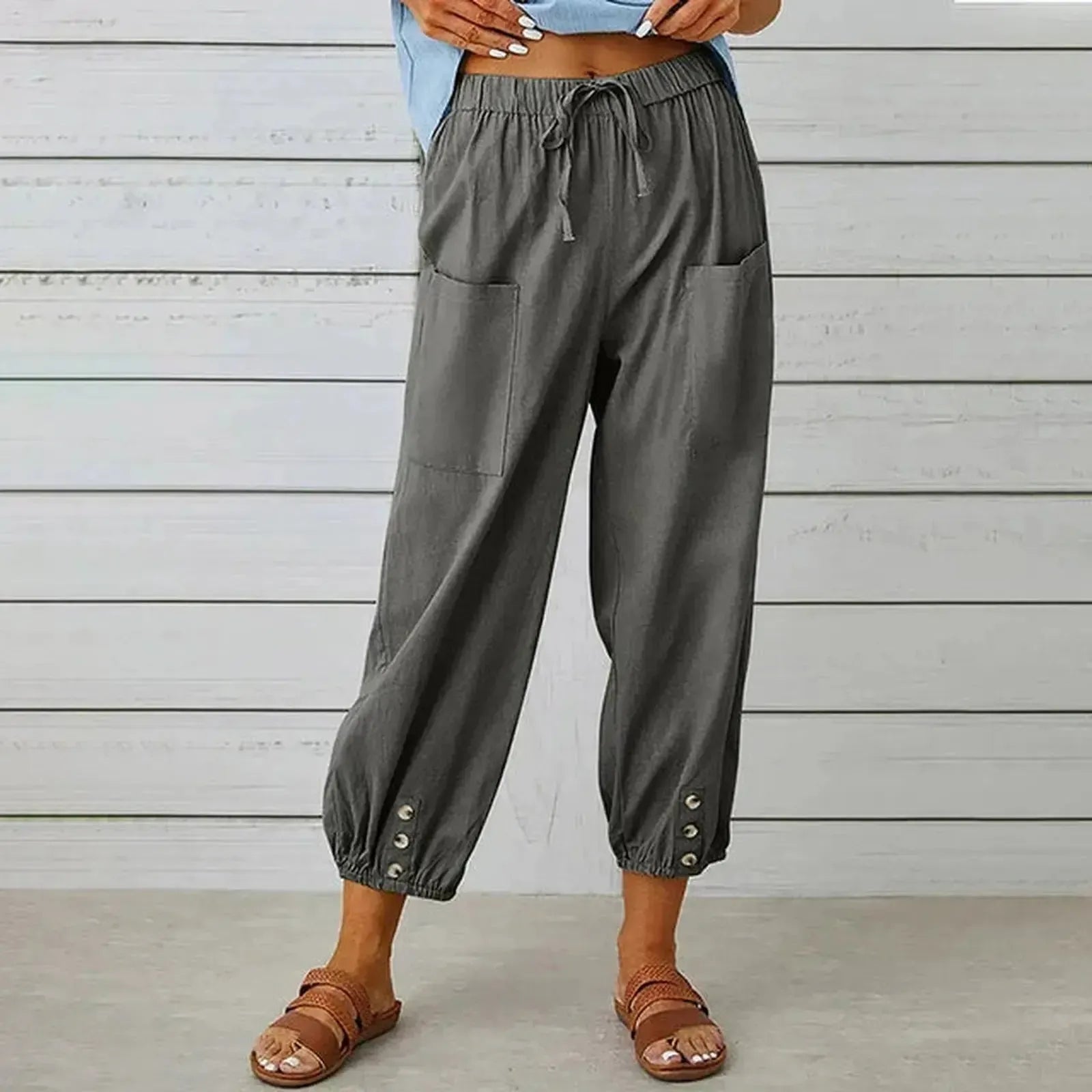 Relaxed Drawstring Harem Trousers with Elasticated Cuffs and Patch Pockets