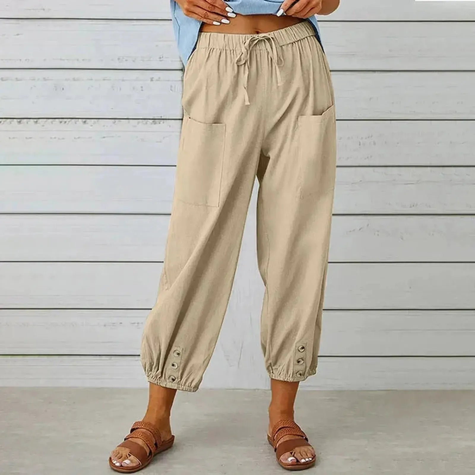 Relaxed Drawstring Harem Trousers with Elasticated Cuffs and Patch Pockets