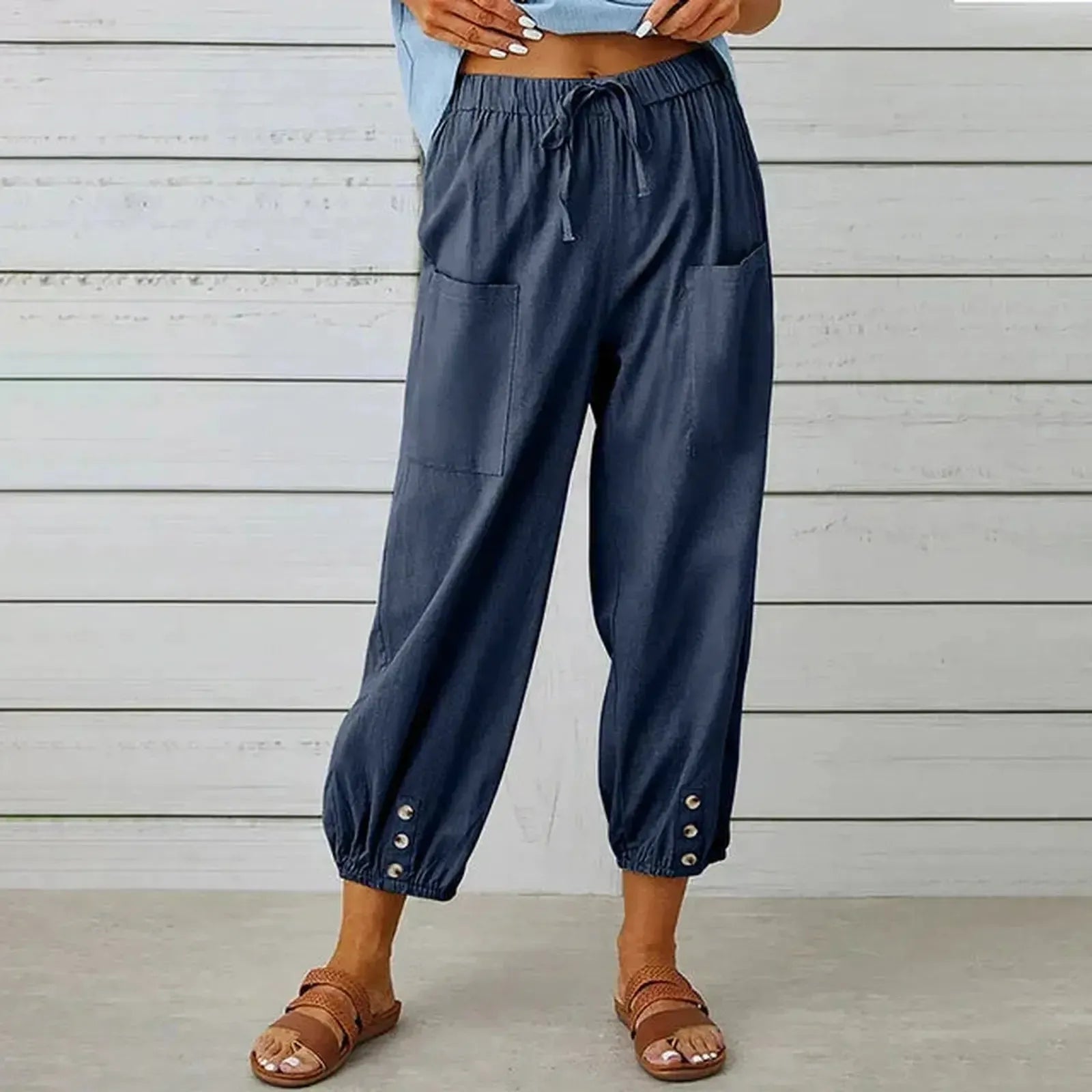 Relaxed Drawstring Harem Trousers with Elasticated Cuffs and Patch Pockets