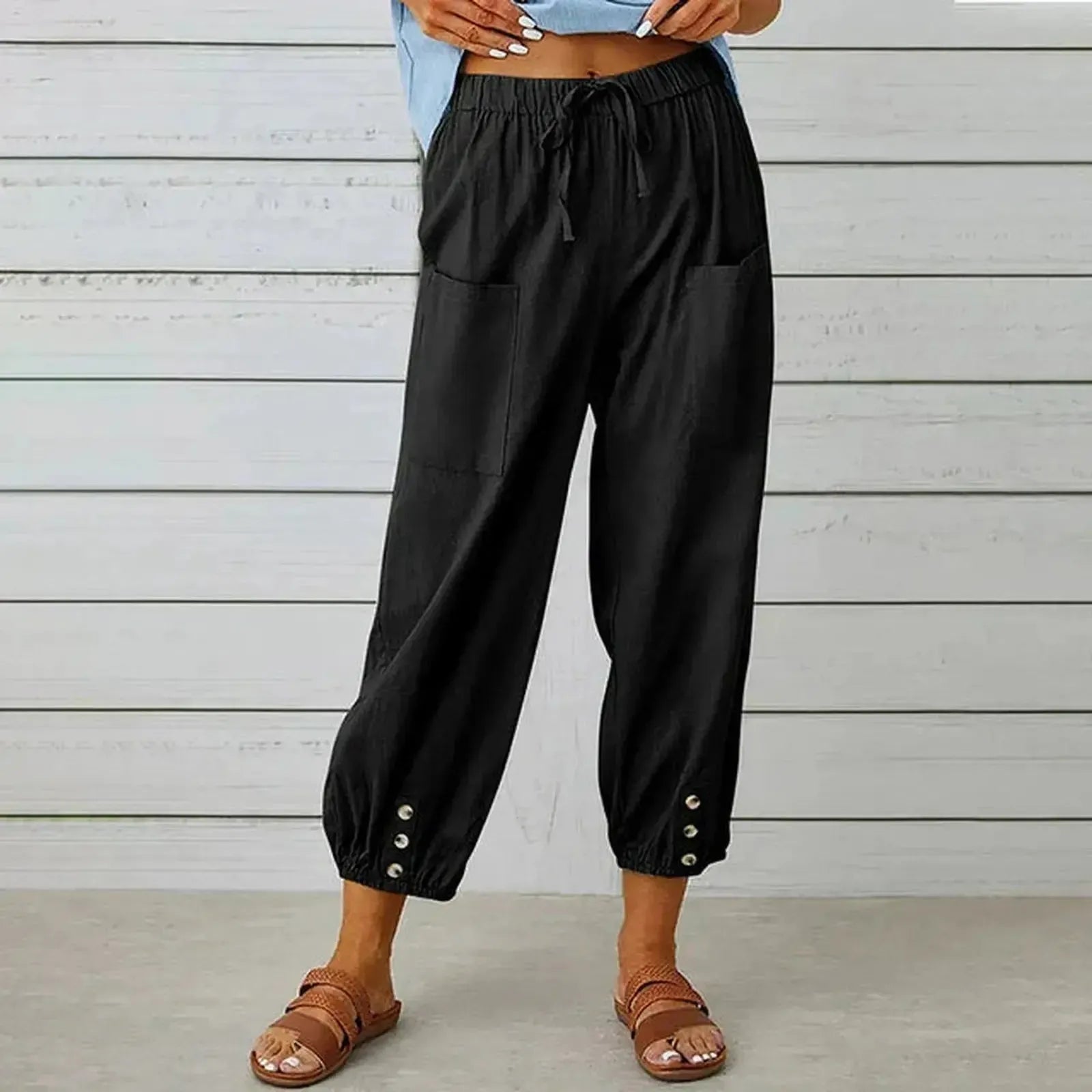 Relaxed Drawstring Harem Trousers with Elasticated Cuffs and Patch Pockets