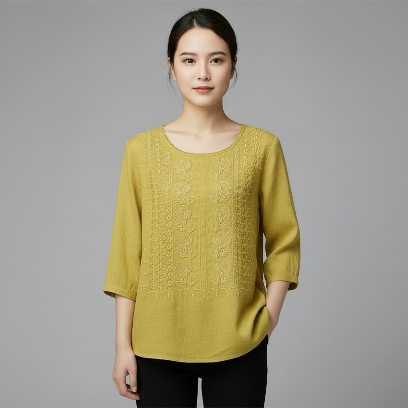 Relaxed Embroidered Top with Round Neck and Three Quarter Sleeves