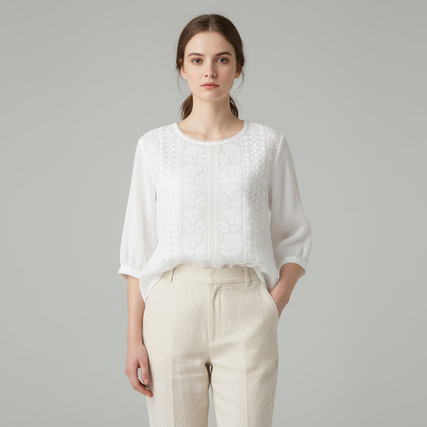 Relaxed Embroidered Top with Round Neck and Three Quarter Sleeves