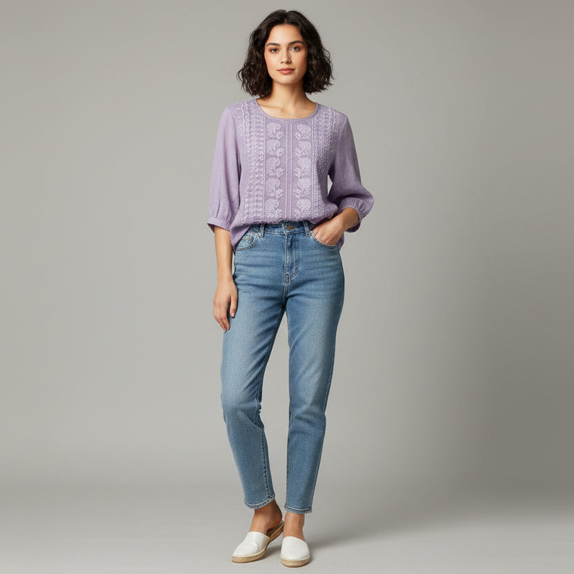 Relaxed Embroidered Top with Round Neck and Three Quarter Sleeves