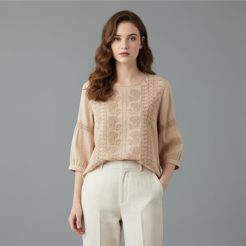 Relaxed Embroidered Top with Round Neck and Three Quarter Sleeves