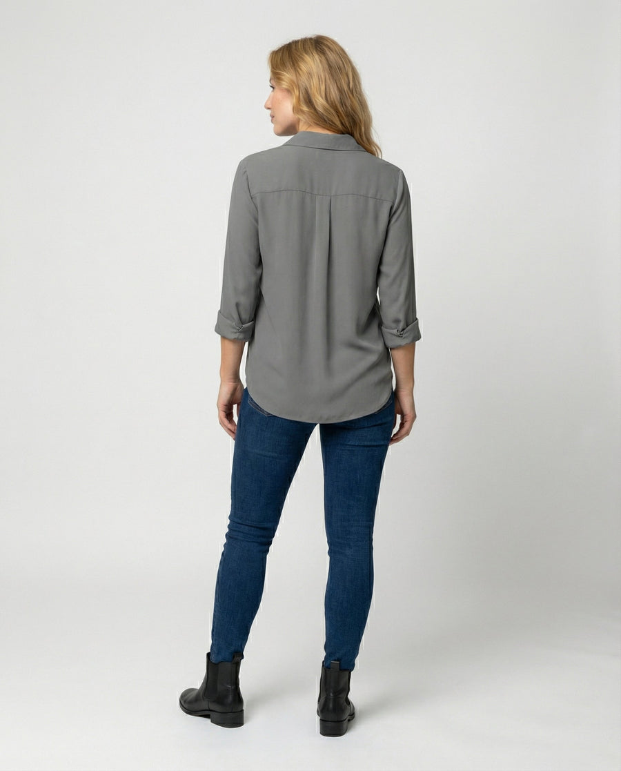 Relaxed Fit Blouse with Classic Collar and Three Quarter Sleeves