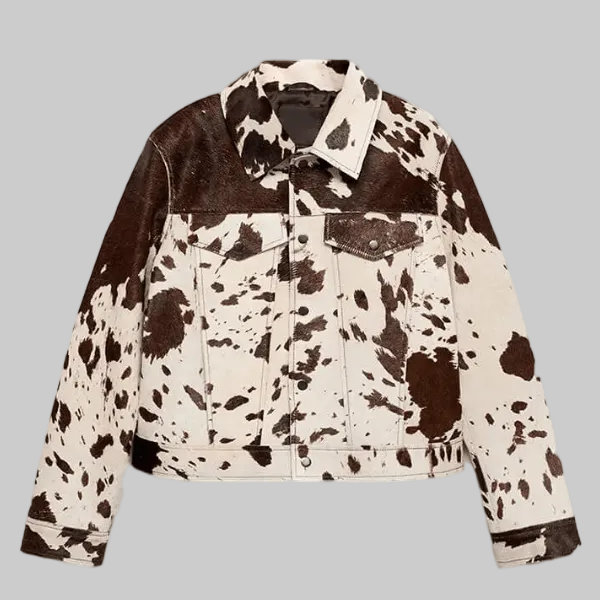 Relaxed Fit Button-Up Trucker Jacket with All-Over Cow Print