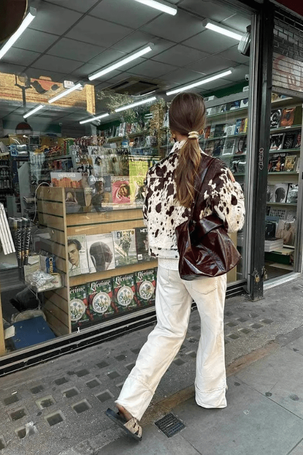 Relaxed Fit Button-Up Trucker Jacket with All-Over Cow Print