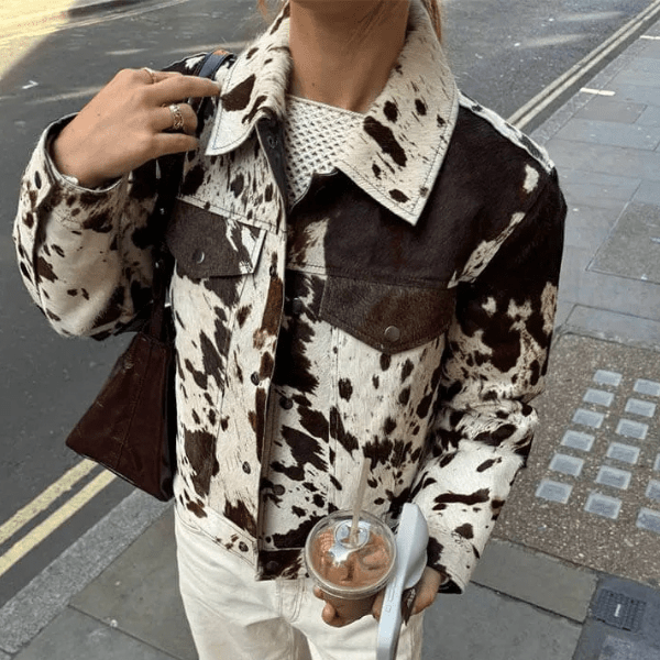Relaxed Fit Button-Up Trucker Jacket with All-Over Cow Print