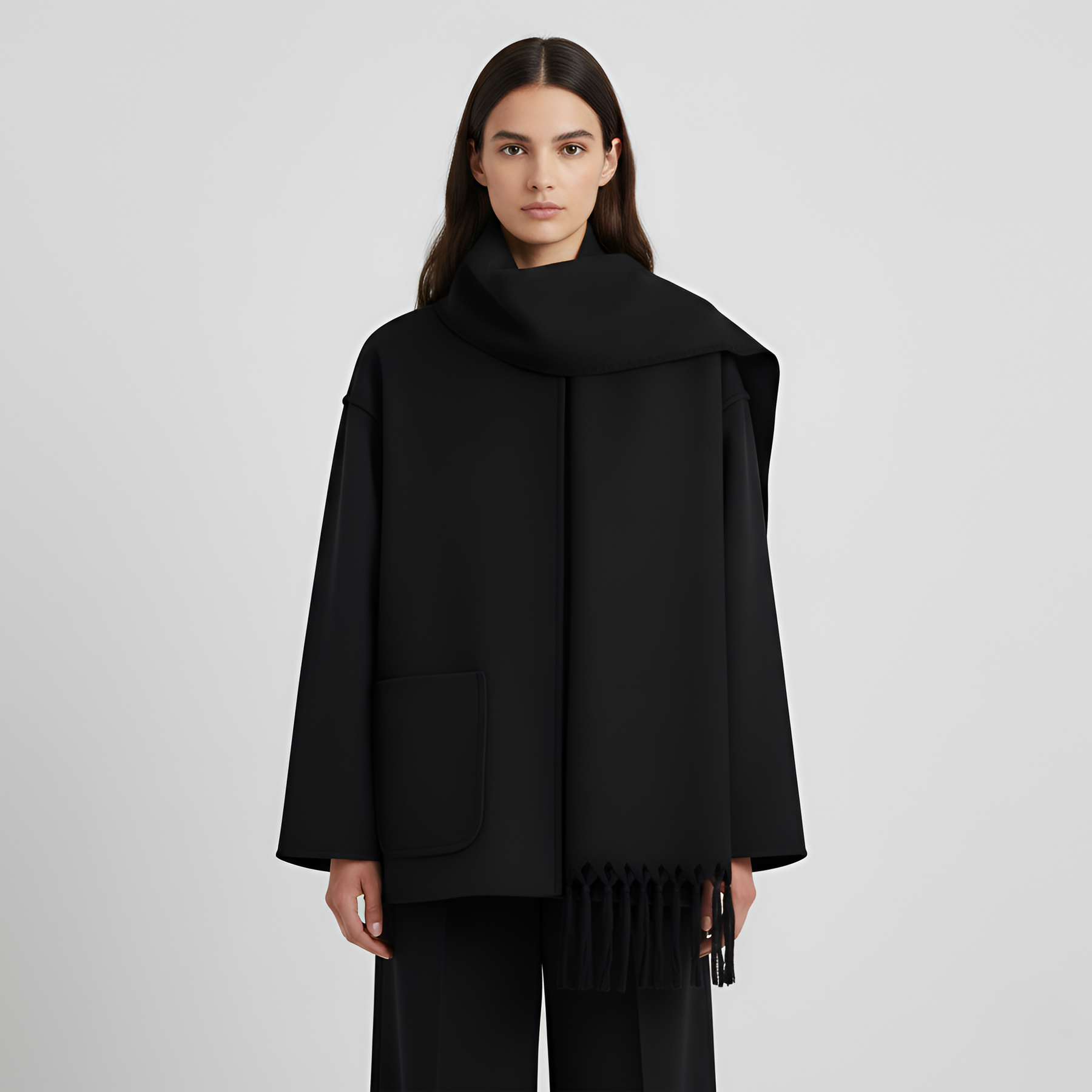 Relaxed Fit Wool Coat with Contrast Trim and Attached Fringe Scarf