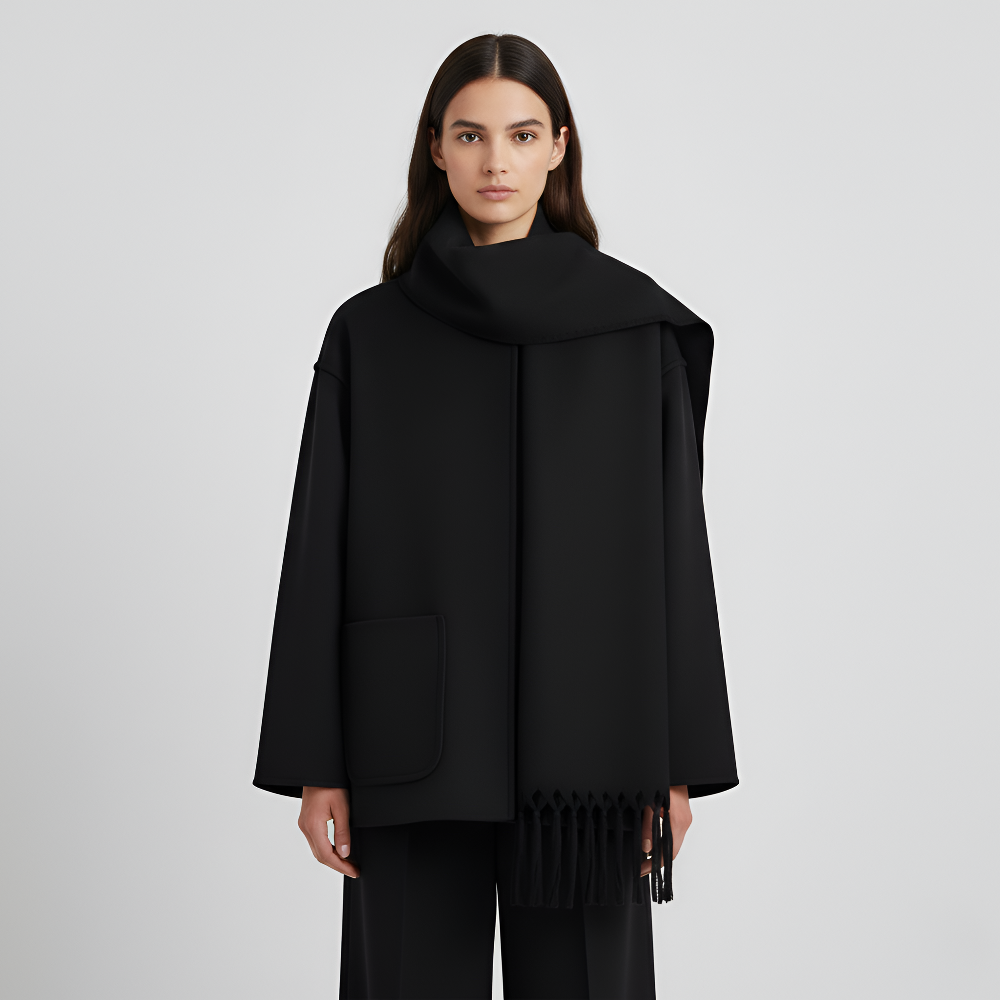 Relaxed Fit Wool Coat with Contrast Trim and Attached Fringe Scarf
