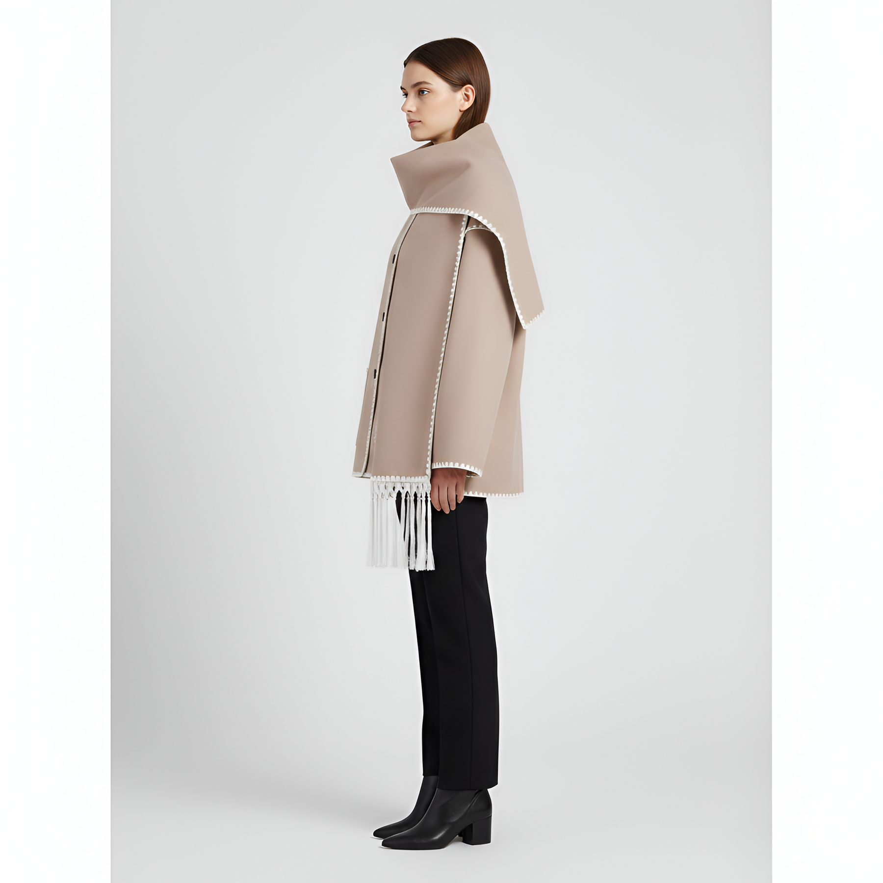 Relaxed Fit Wool Coat with Contrast Trim and Attached Fringe Scarf