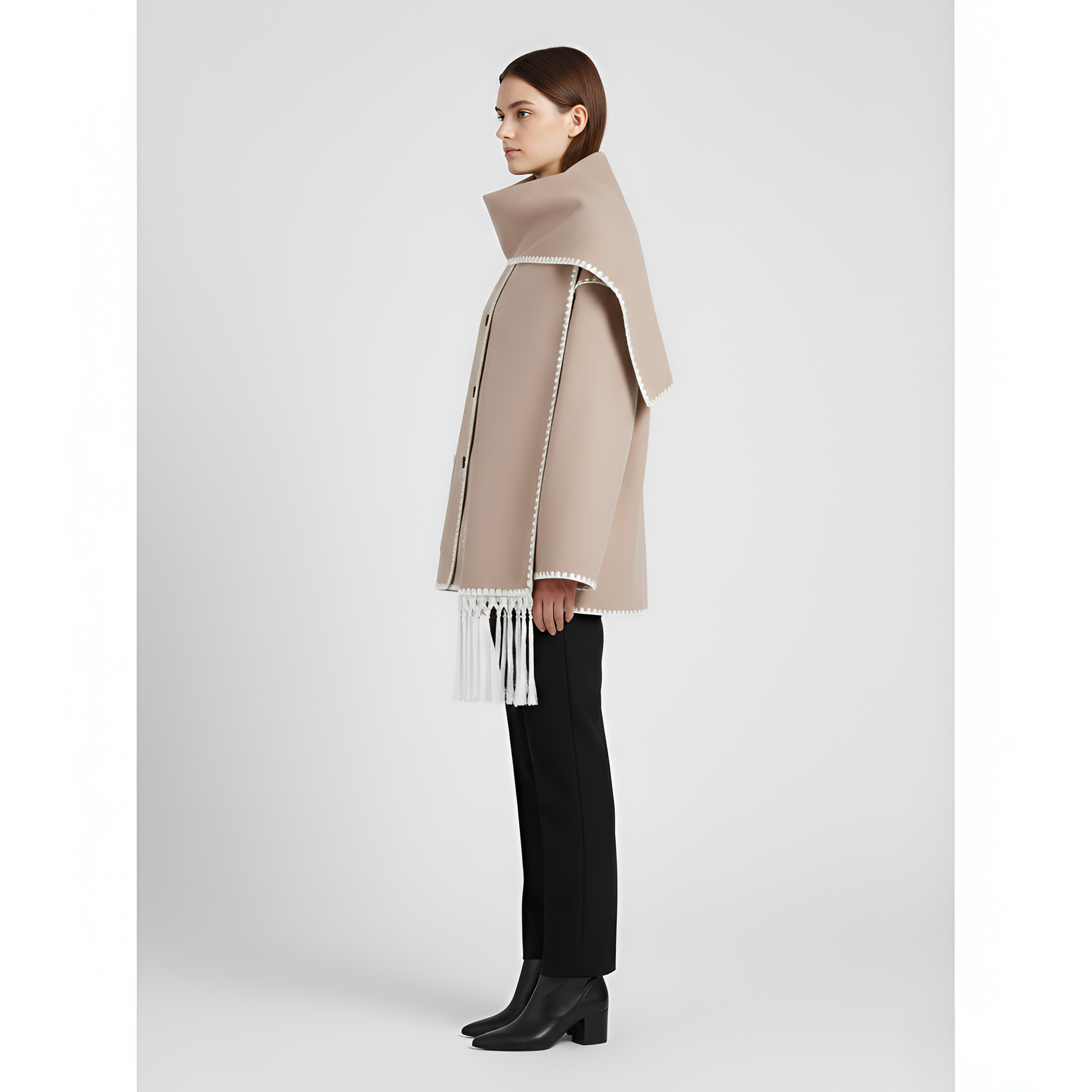 Relaxed Fit Wool Coat with Contrast Trim and Attached Fringe Scarf