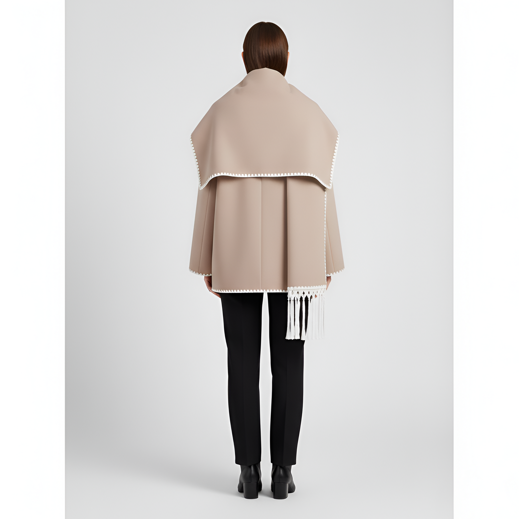 Relaxed Fit Wool Coat with Contrast Trim and Attached Fringe Scarf