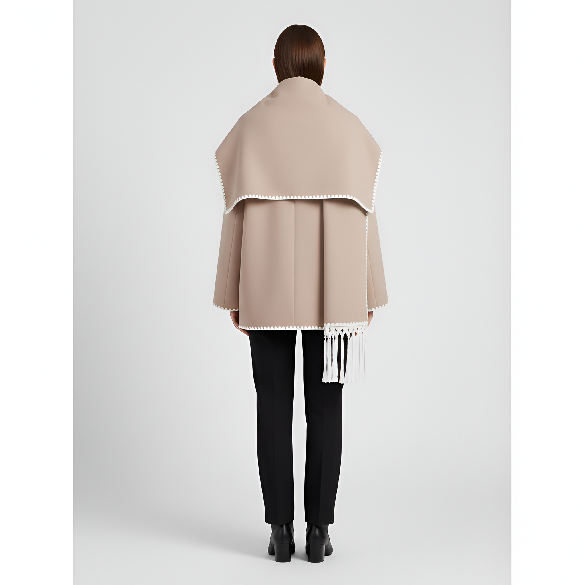 Relaxed Fit Wool Coat with Contrast Trim and Attached Fringe Scarf