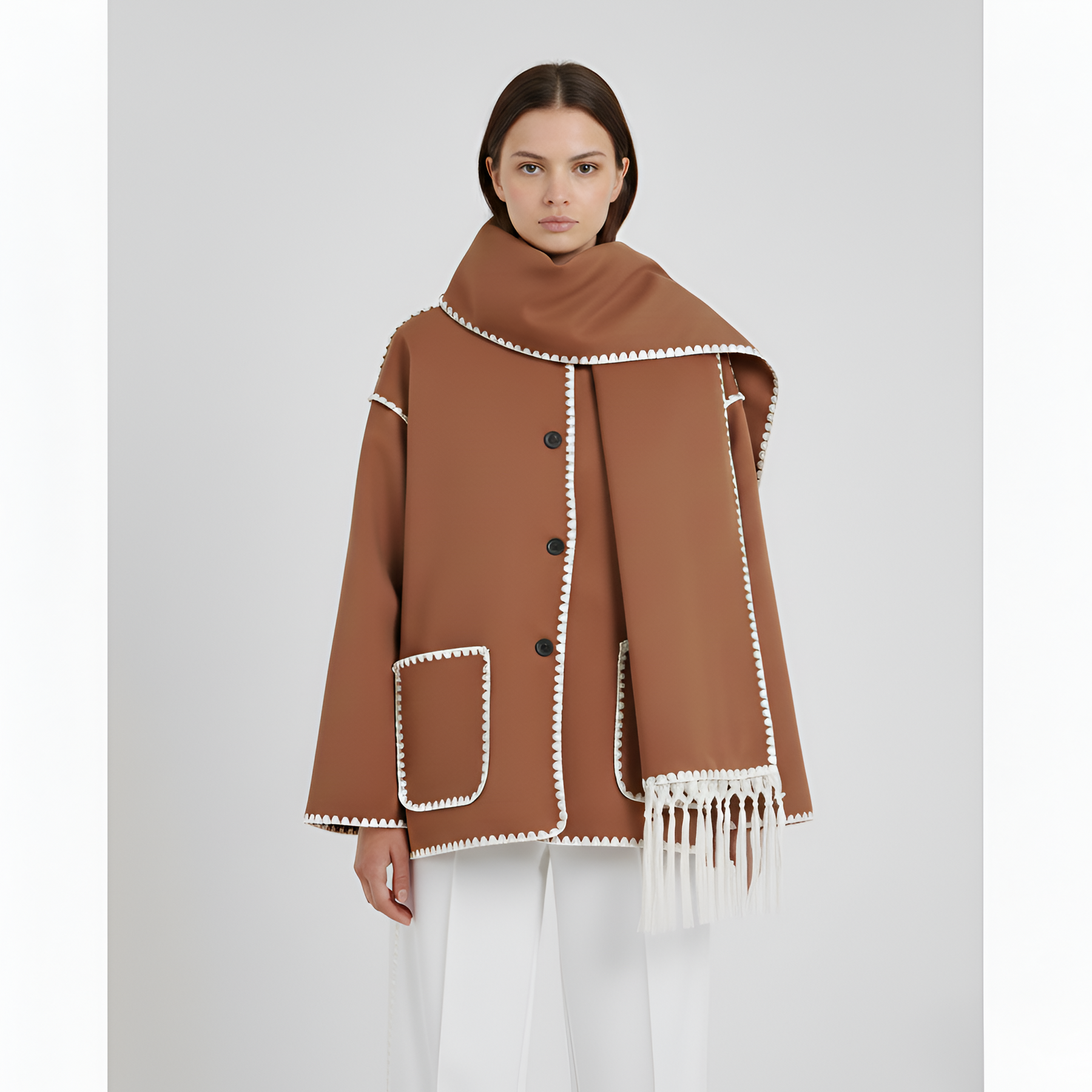 Relaxed Fit Wool Coat with Contrast Trim and Attached Fringe Scarf