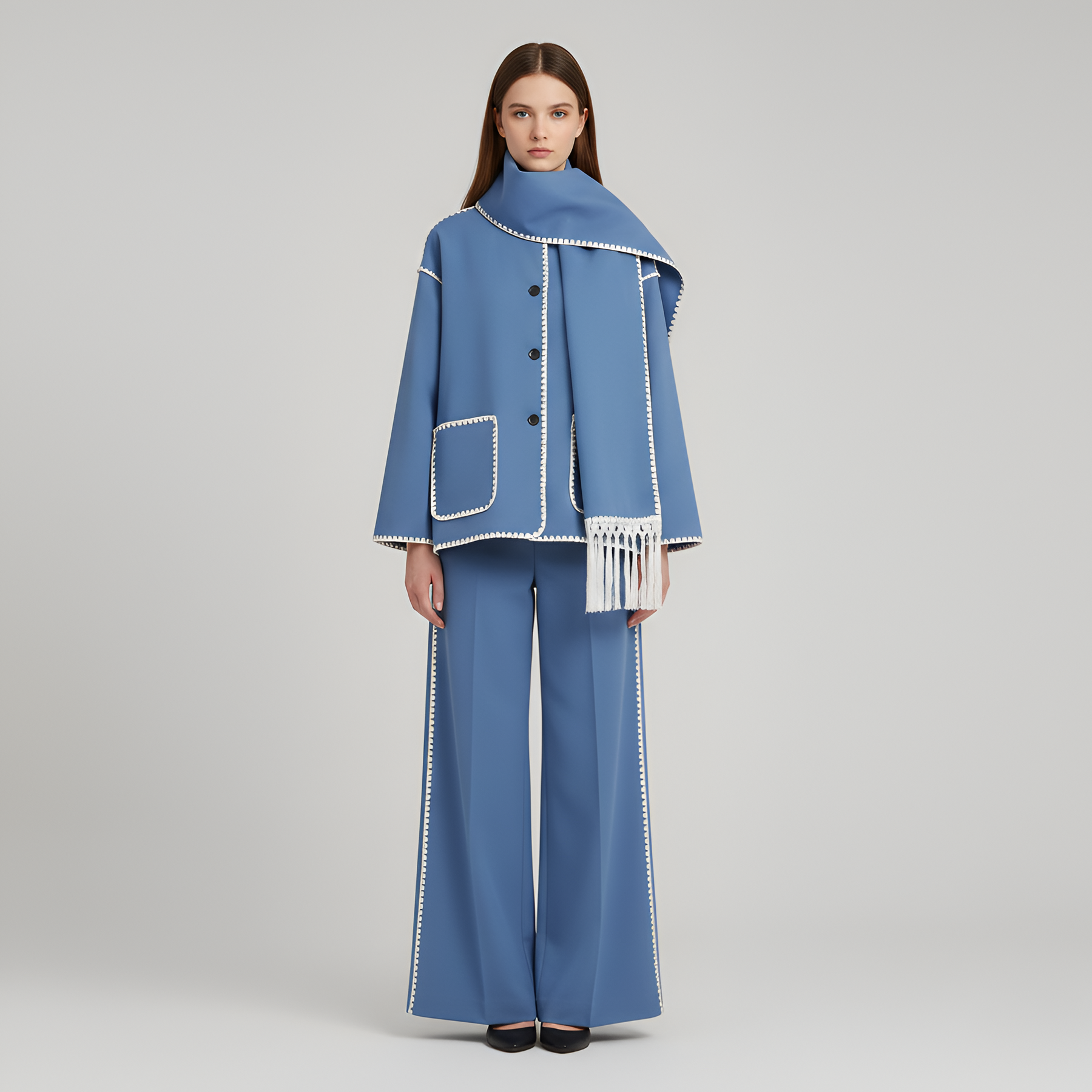 Relaxed Fit Wool Coat with Contrast Trim and Attached Fringe Scarf