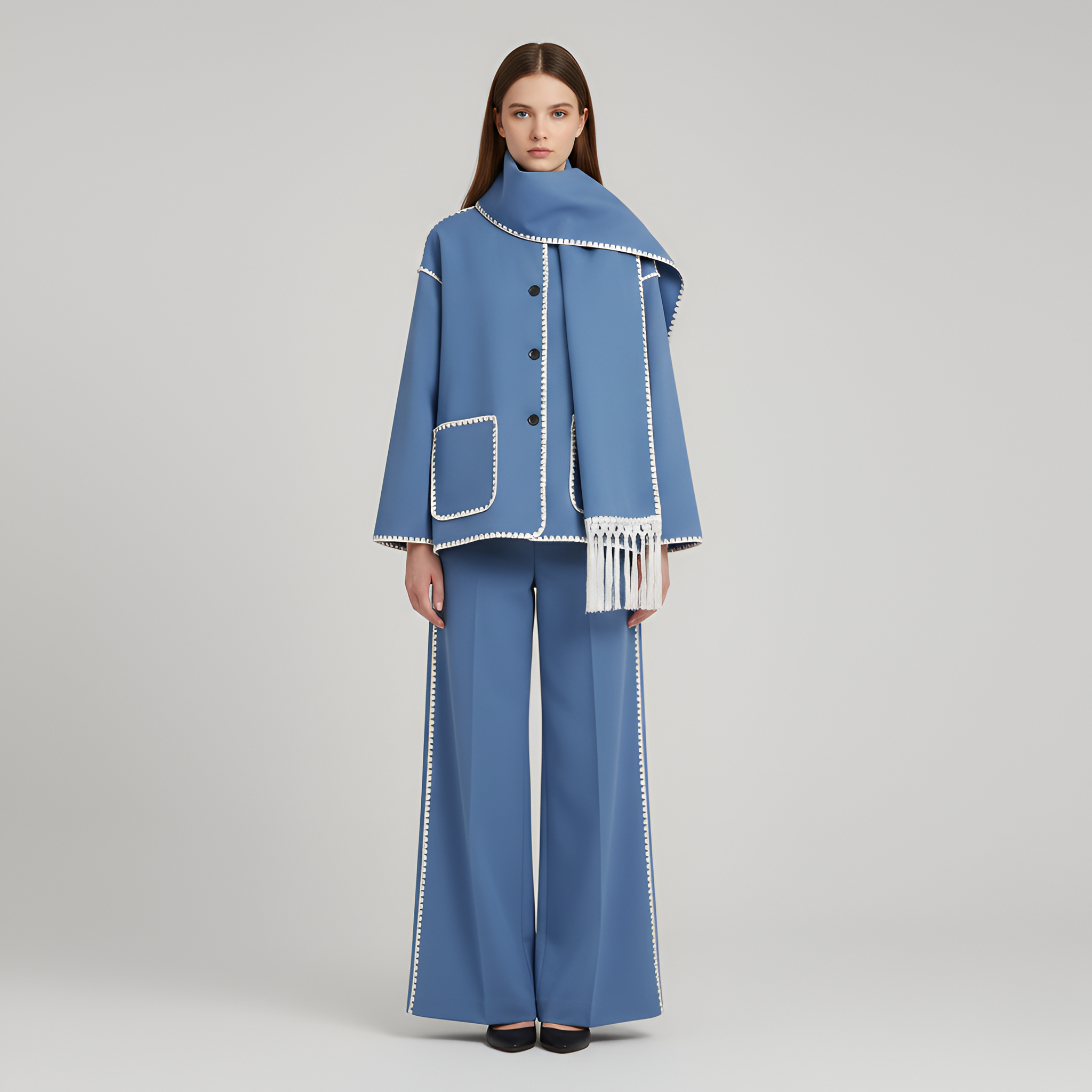Relaxed Fit Wool Coat with Contrast Trim and Attached Fringe Scarf