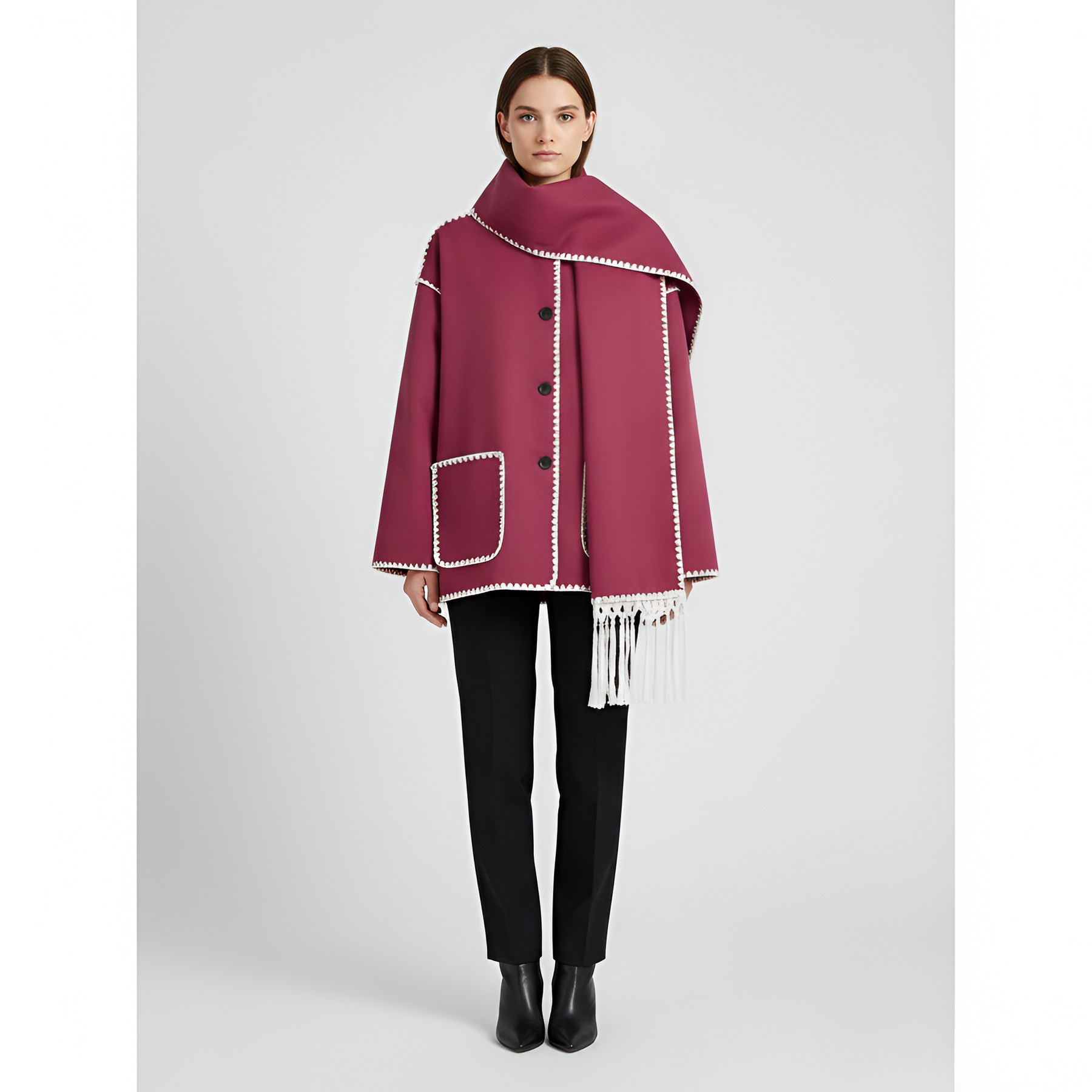 Relaxed Fit Wool Coat with Contrast Trim and Attached Fringe Scarf