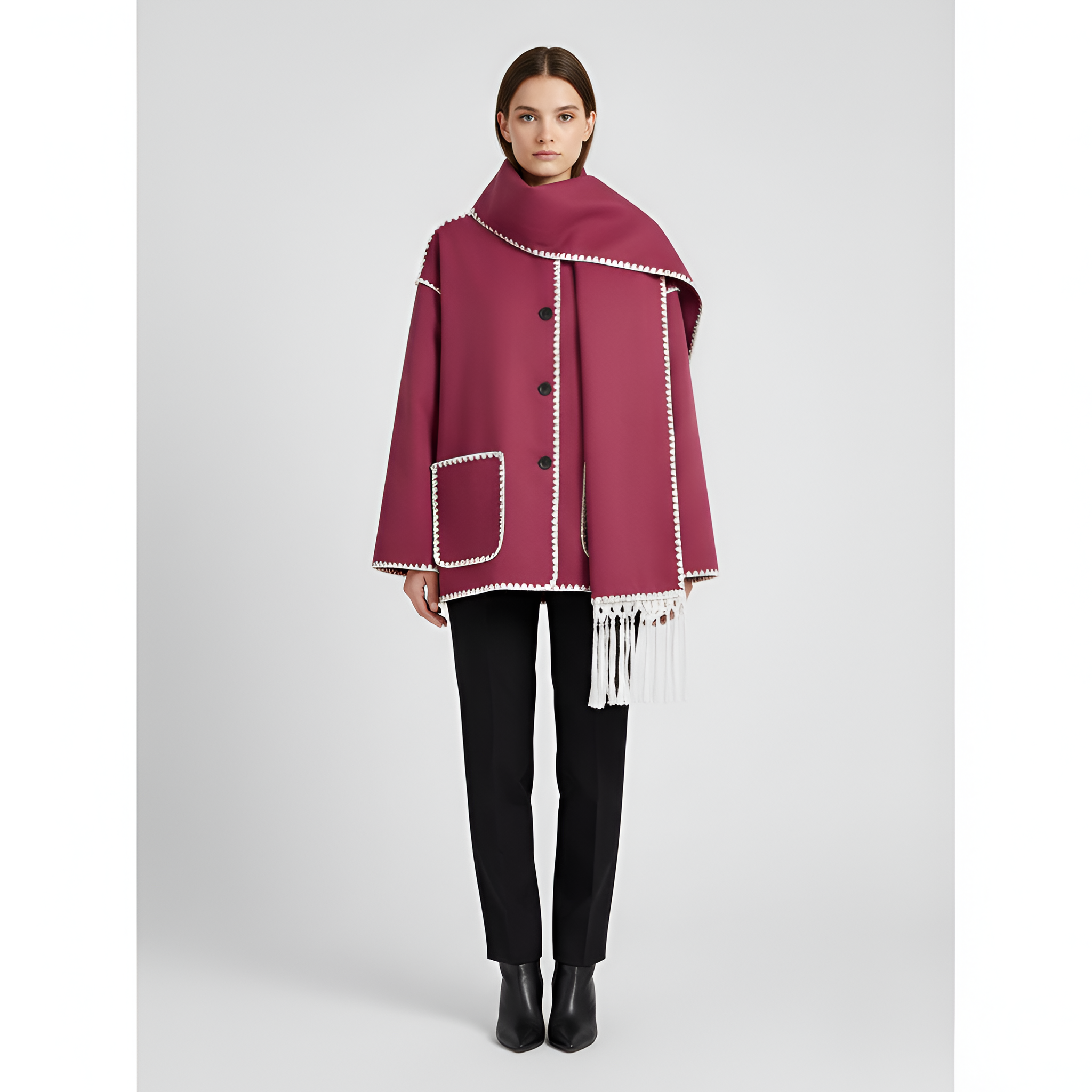 Relaxed Fit Wool Coat with Contrast Trim and Attached Fringe Scarf