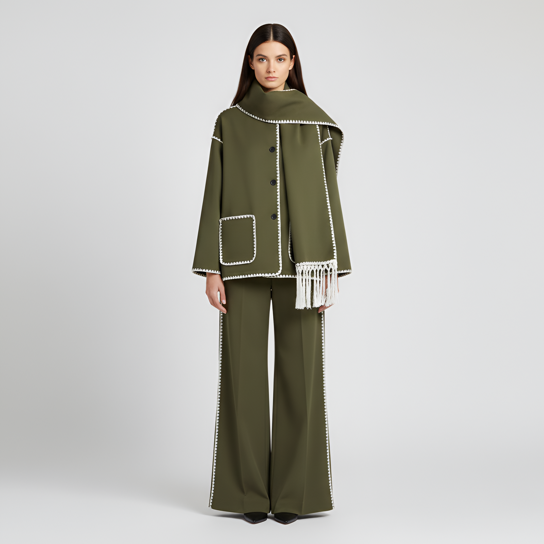 Relaxed Fit Wool Coat with Contrast Trim and Attached Fringe Scarf