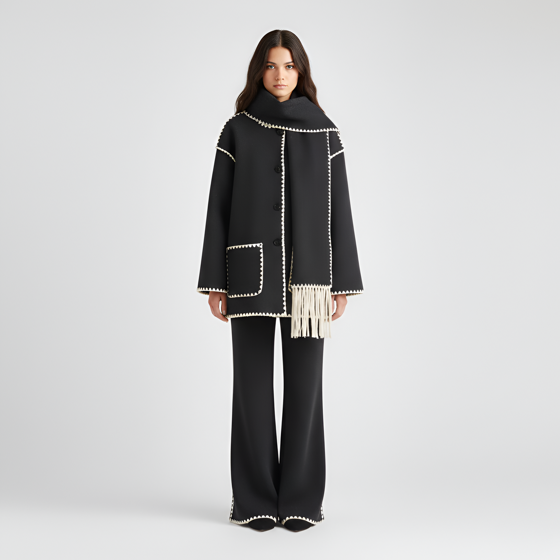 Relaxed Fit Wool Coat with Contrast Trim and Attached Fringe Scarf