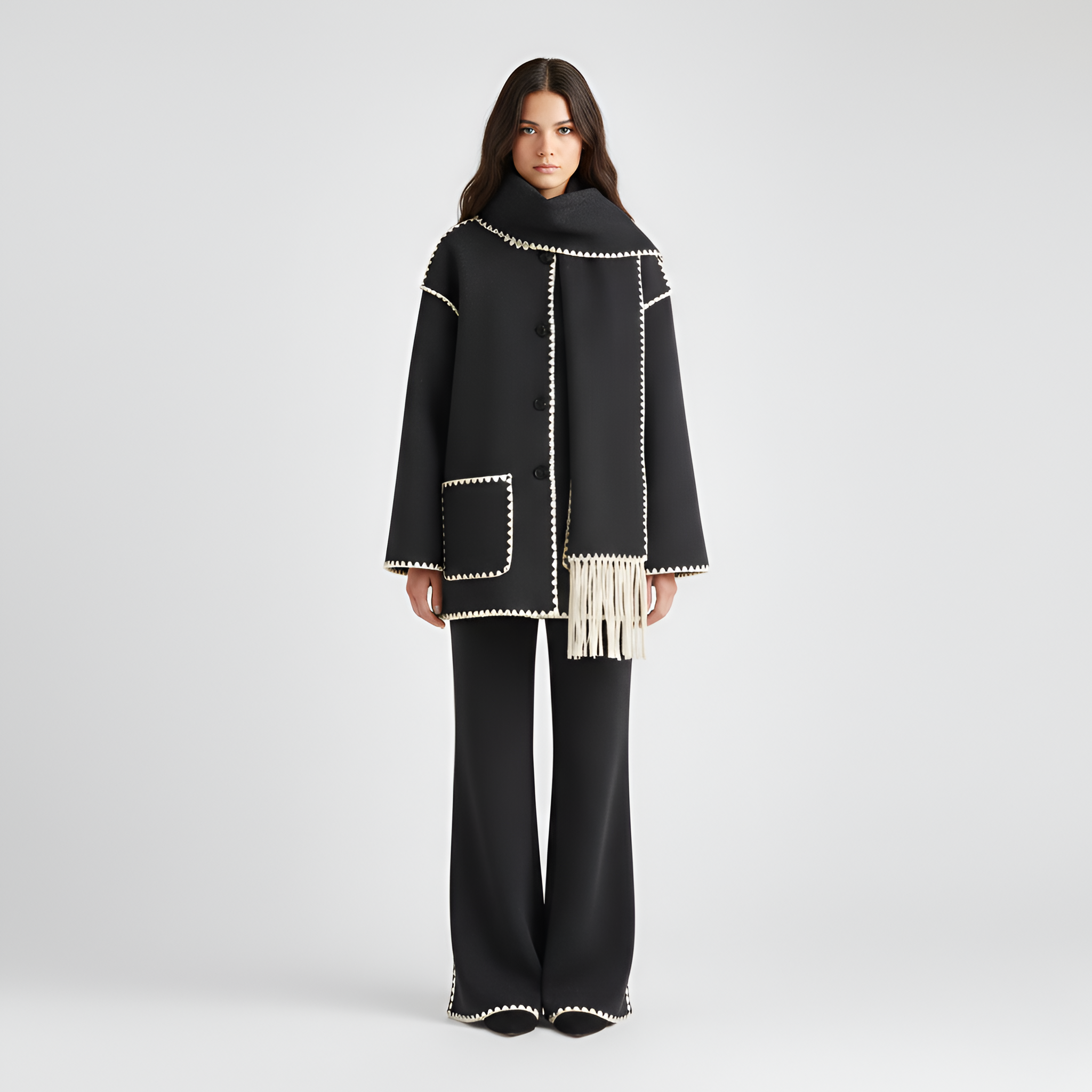 Relaxed Fit Wool Coat with Contrast Trim and Attached Fringe Scarf