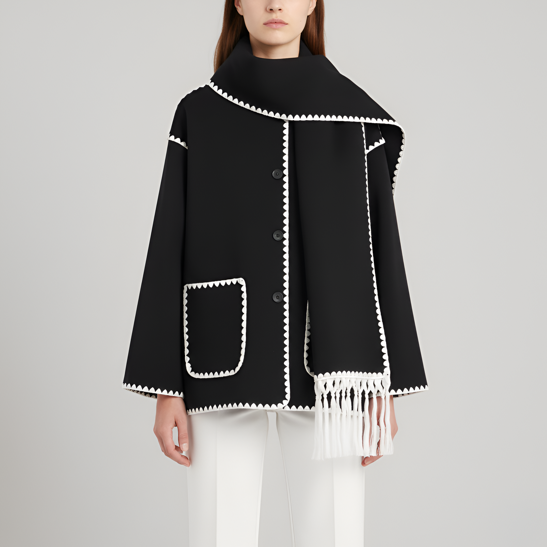 Relaxed Fit Wool Coat with Contrast Trim and Attached Fringe Scarf