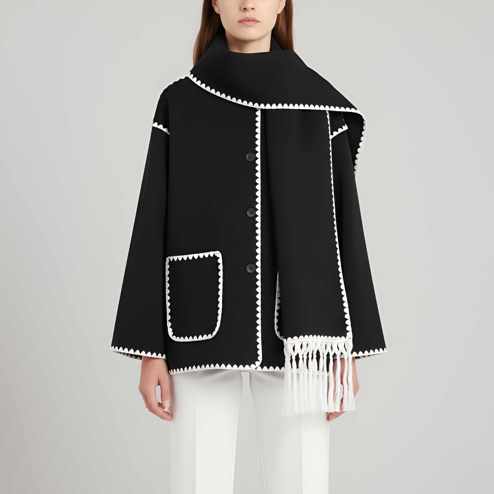 Relaxed Fit Wool Coat with Contrast Trim and Attached Fringe Scarf
