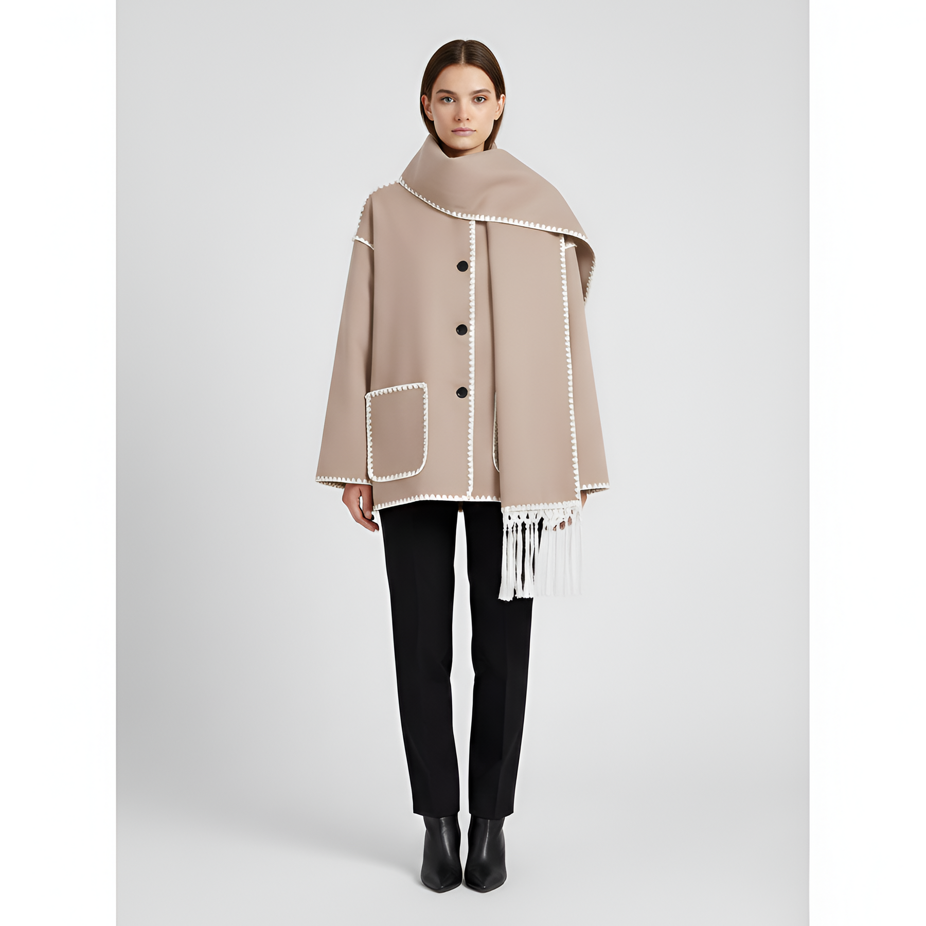 Relaxed Fit Wool Coat with Contrast Trim and Attached Fringe Scarf