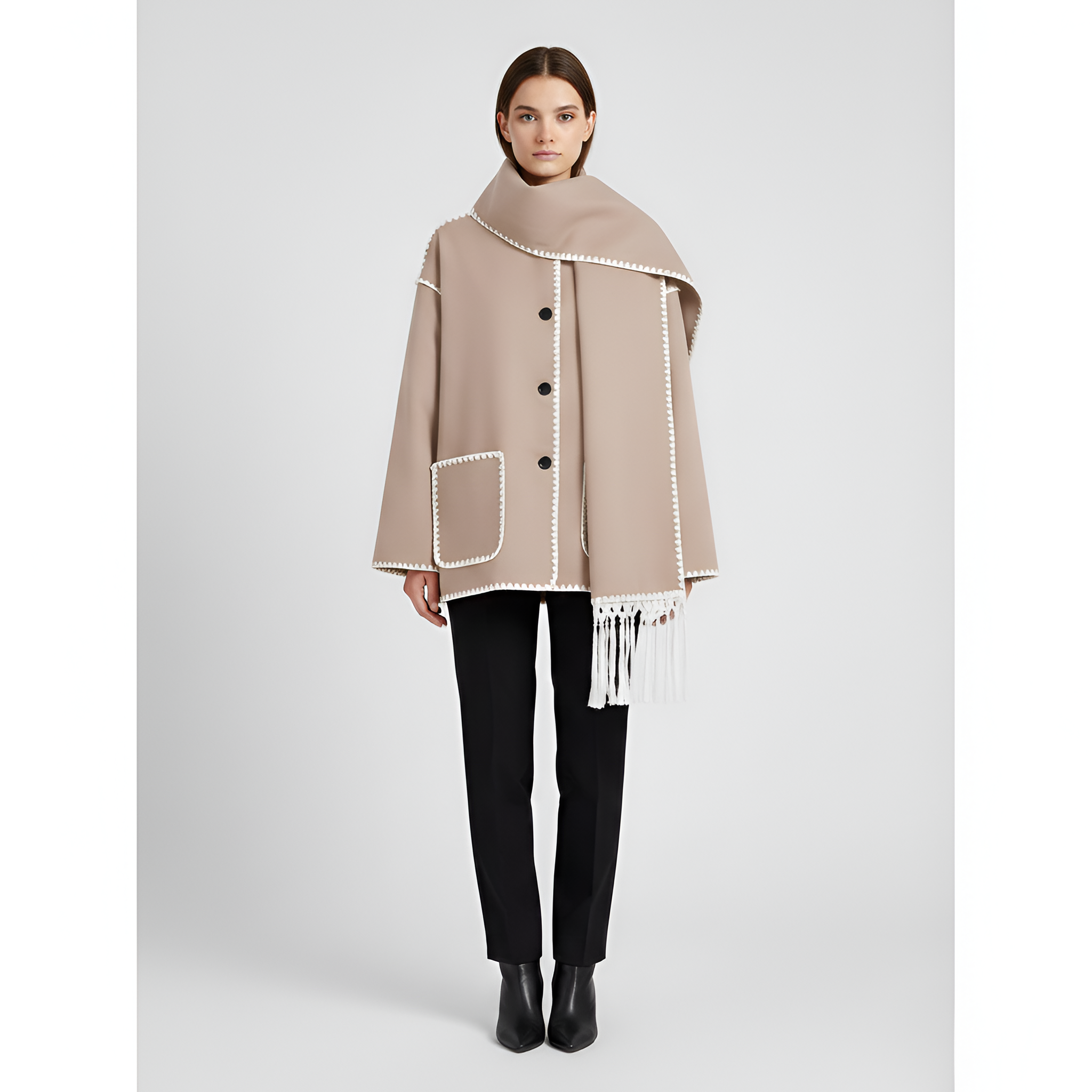 Relaxed Fit Wool Coat with Contrast Trim and Attached Fringe Scarf