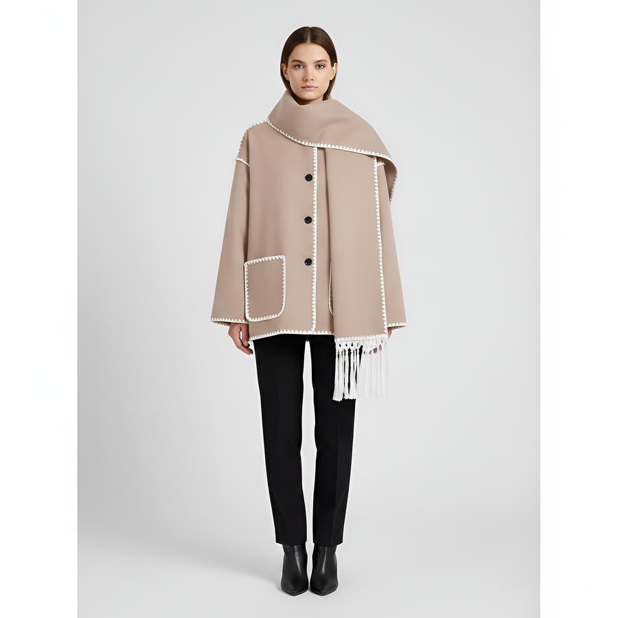 Relaxed Fit Wool Coat with Contrast Trim and Attached Fringe Scarf