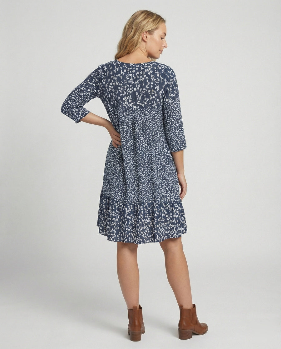 Relaxed Floral Mini Dress with V-Neckline and Ruffle Hem