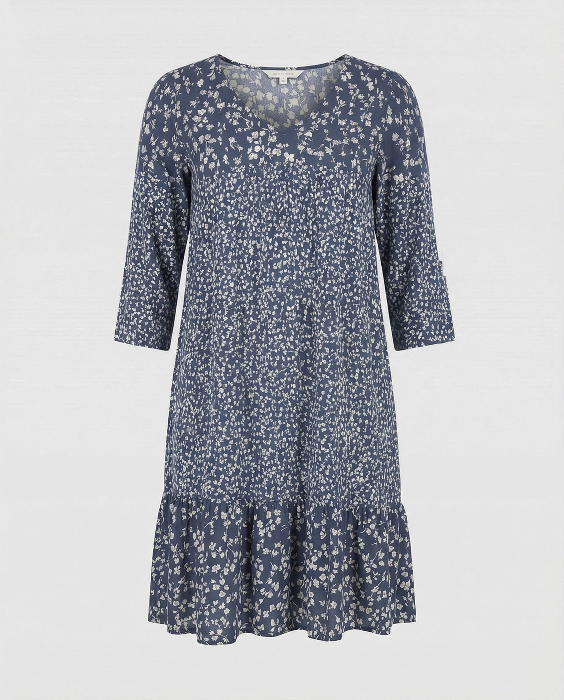 Relaxed Floral Mini Dress with V-Neckline and Ruffle Hem